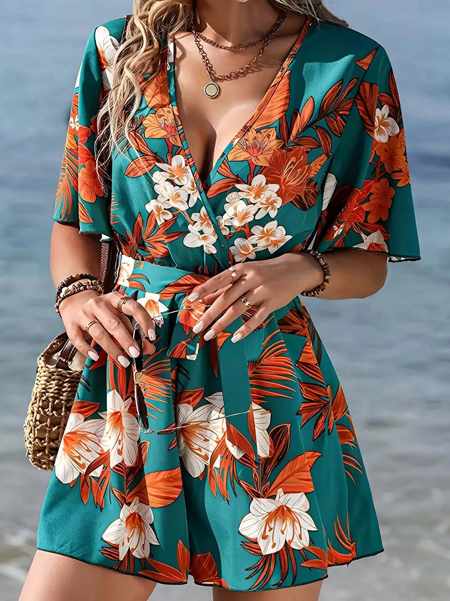 Floral Short Sleeves V Neck Tie Waist Beach Rompers sold by Allegra K product image thumbnail 4