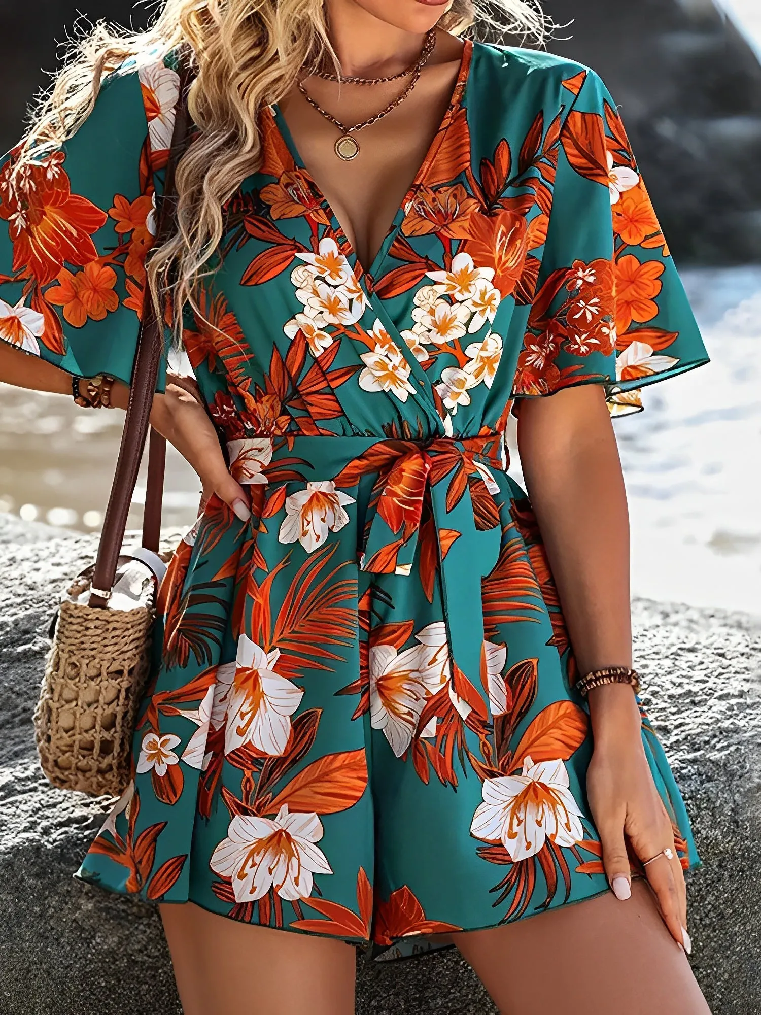 Floral Short Sleeves V Neck Tie Waist Beach Rompers sold by Allegra K product image thumbnail 2