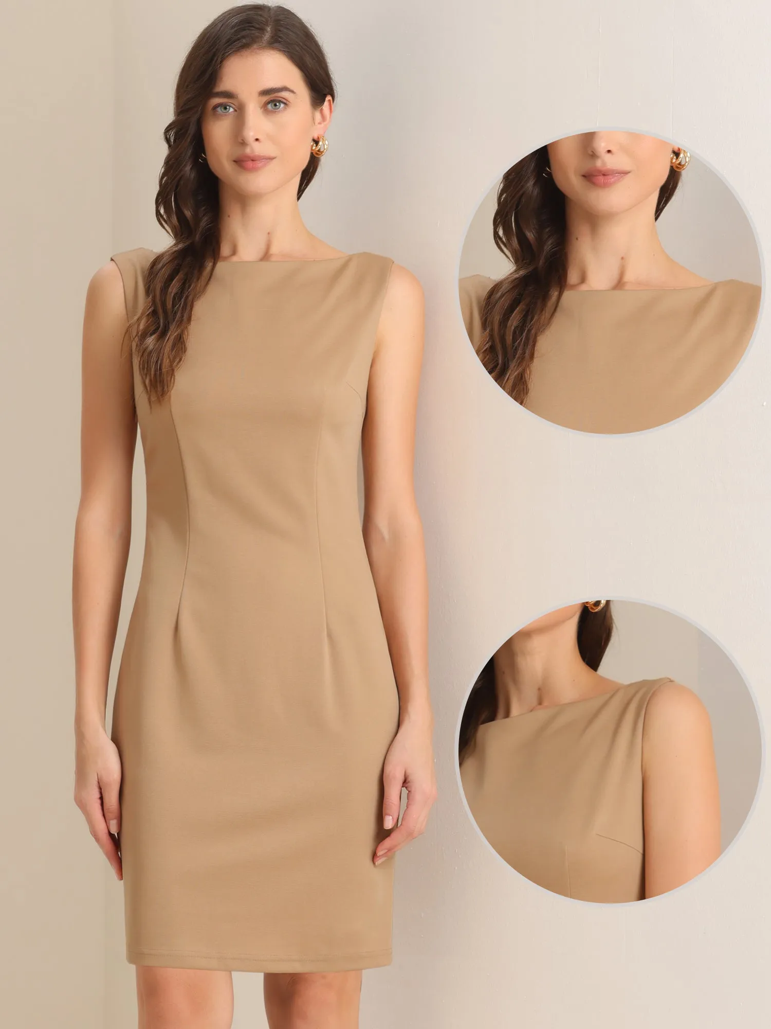Sleeveless Boat Neck Casual Office Solid Midi Sheath Dress sold by Allegra K