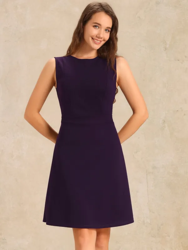 Solid Color Round Neck Sleeveless A-Line Work Midi Dress sold by Allegra K