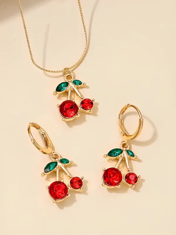 3 Pieces Red Cherry Shape Necklace Earrings Set sold by Allegra K