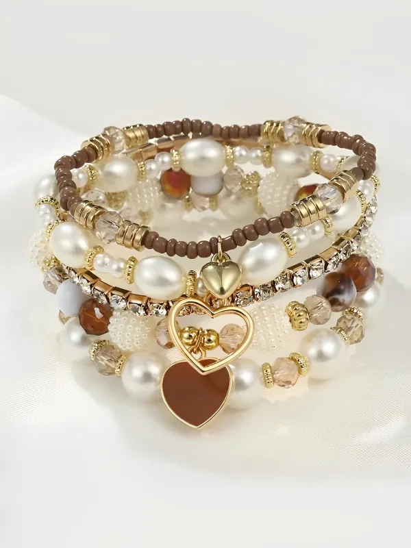 Alloy Faux Pearl Beaded Boho Heart Pendant Bracelets made by Allegra K