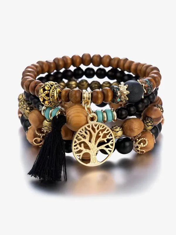 Bohemian Style Multi-Layered Wooden Beaded Bracelet sold by Allegra K