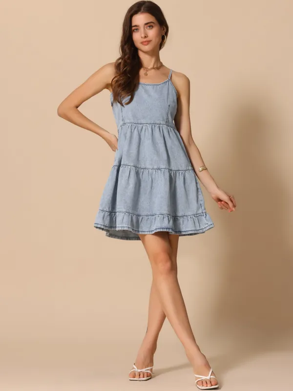 Denim Spaghetti Strap Tiered A-Line Sleeveless Jean Dress sold by Allegra K