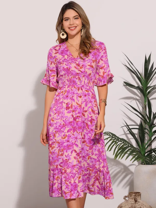 Floral Ruffled Hem Short Sleeve Smock Midi Dress sold by Allegra K