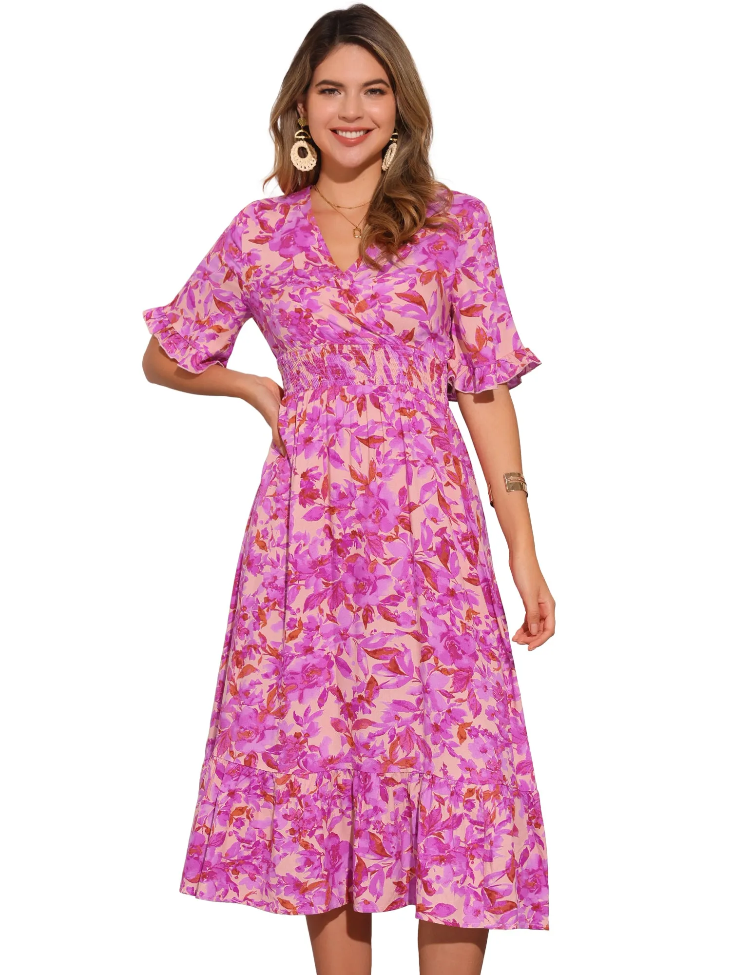 Floral Ruffled Hem Short Sleeve Smock Midi Dress sold by Allegra K product image thumbnail 4