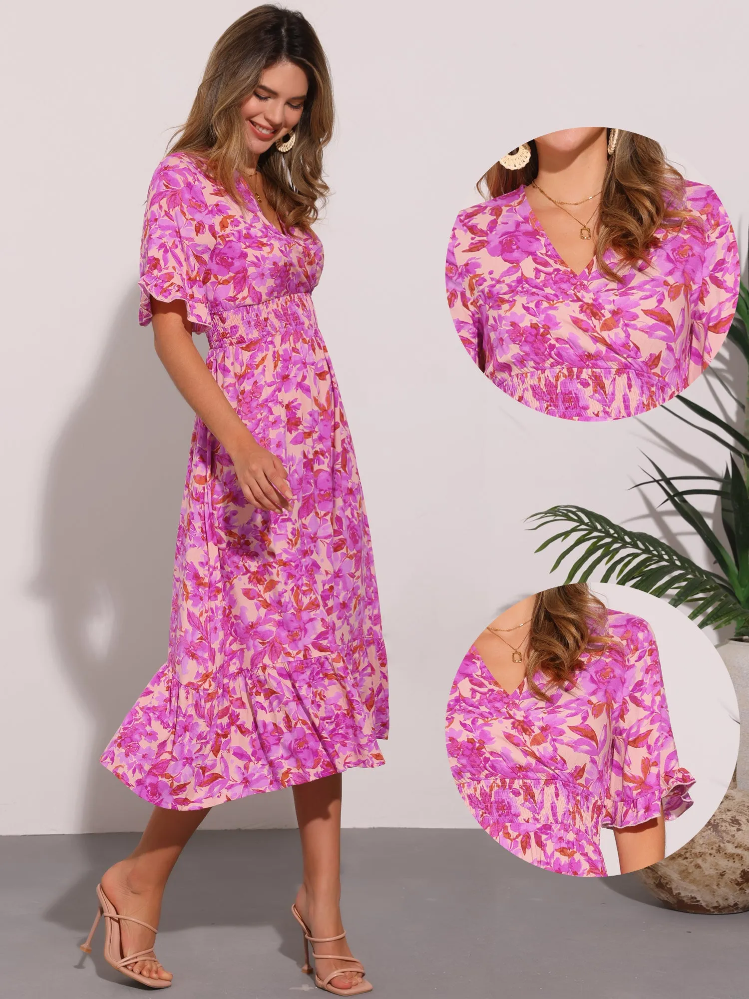 Floral Ruffled Hem Short Sleeve Smock Midi Dress sold by Allegra K product image thumbnail 3