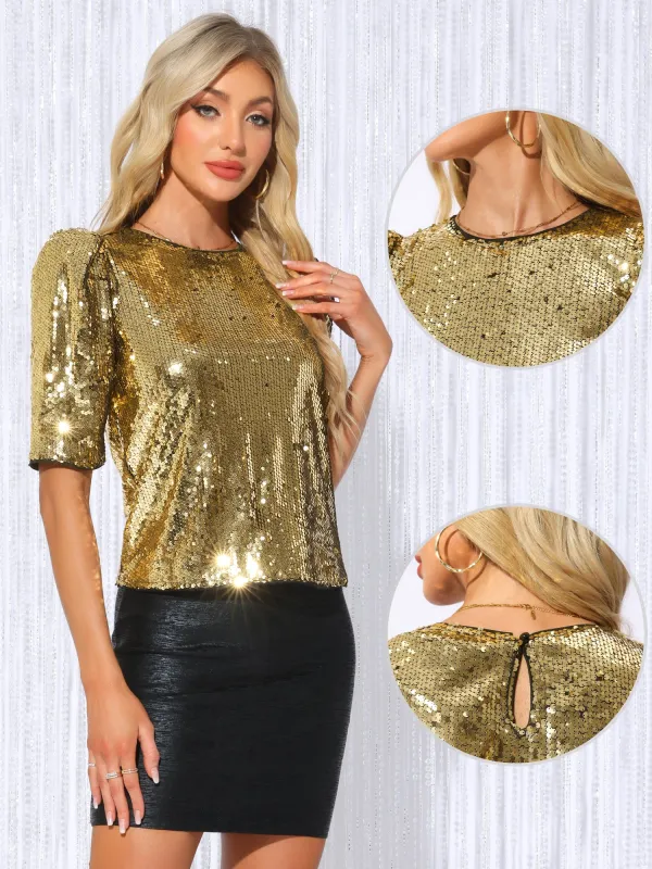 Sequin Puff Short Sleeve Sparkle Party Club Blouse sold by Allegra K