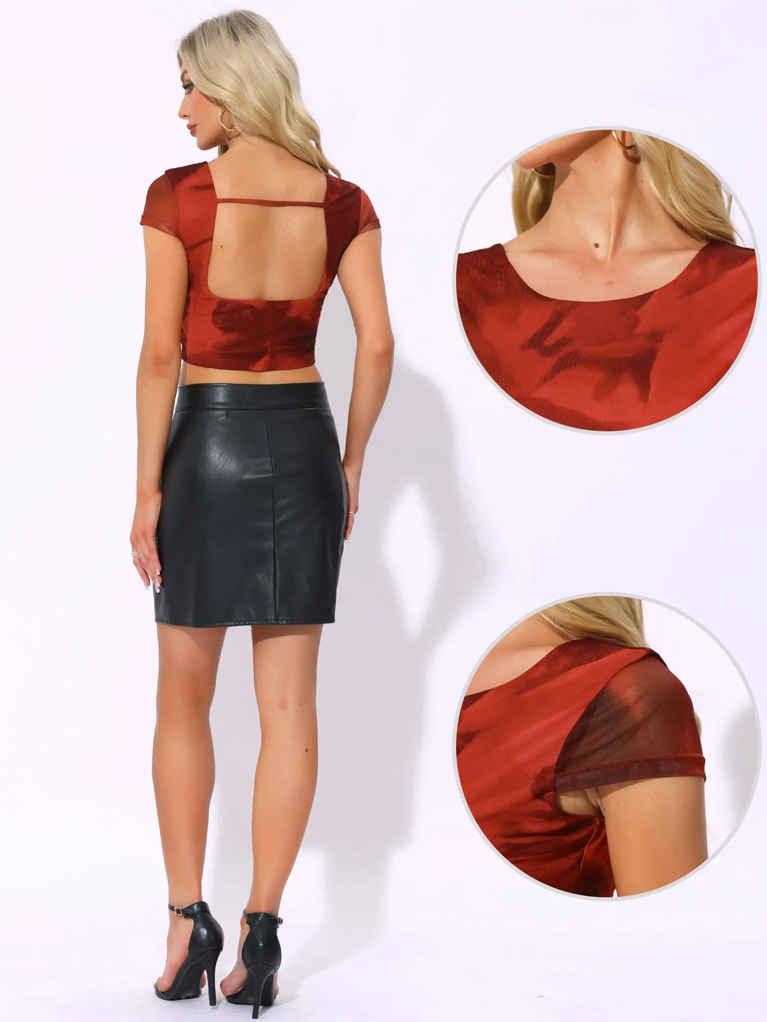 Mesh Crew Neck Cap Sleeve Backless Cropped Top sold by Allegra K product image thumbnail 2