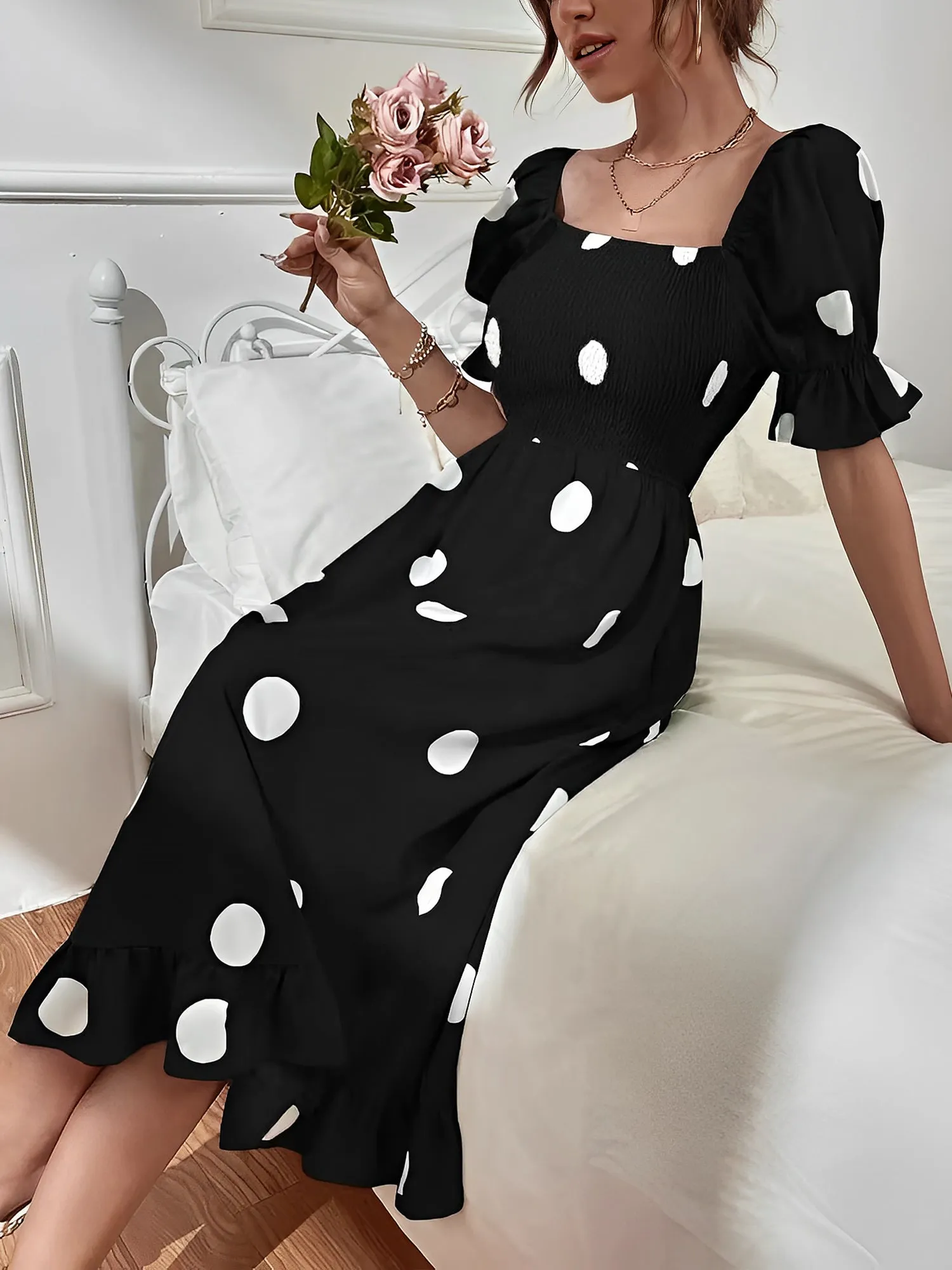 Vintage Elastic Smocking & Flutter Ruffles Polka Dot Off Shoulder Midi Cotton Dress sold by Allegra K product image thumbnail 4