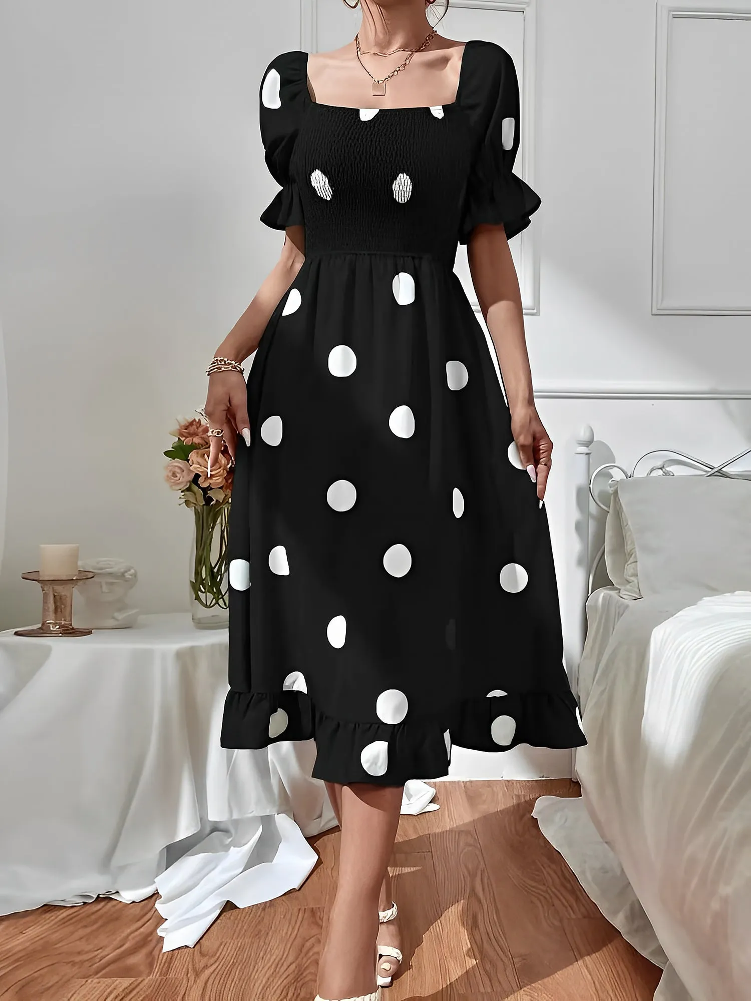 Vintage Elastic Smocking & Flutter Ruffles Polka Dot Off Shoulder Midi Cotton Dress sold by Allegra K