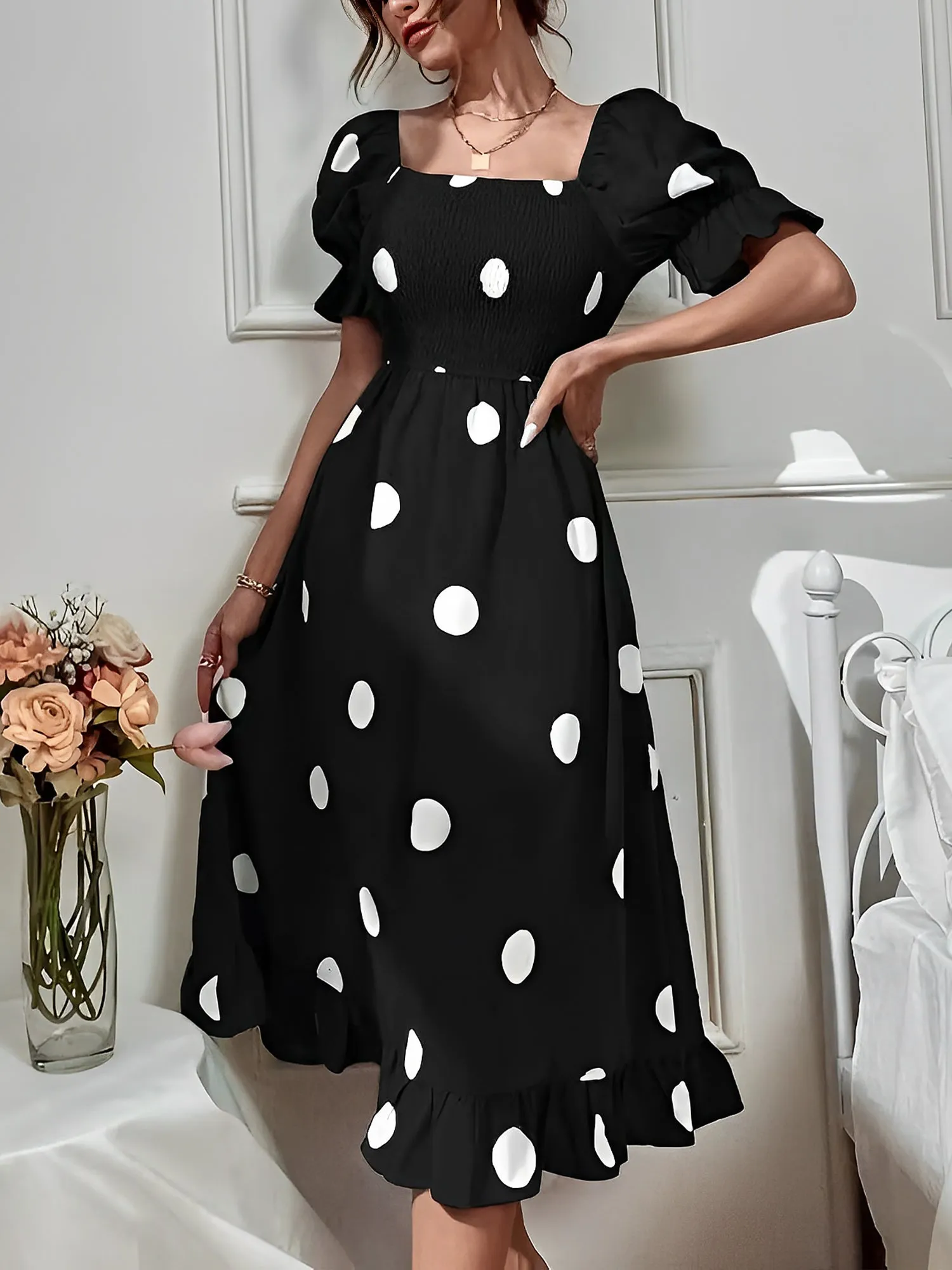 Vintage Elastic Smocking & Flutter Ruffles Polka Dot Off Shoulder Midi Cotton Dress sold by Allegra K product image thumbnail 5