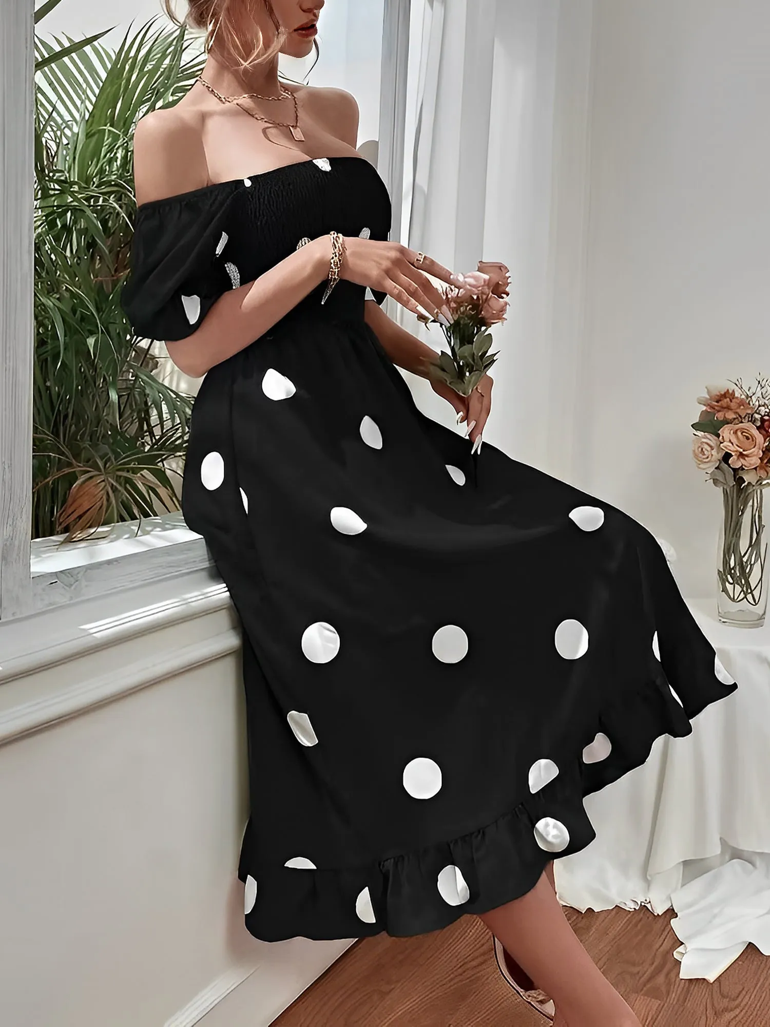Vintage Elastic Smocking & Flutter Ruffles Polka Dot Off Shoulder Midi Cotton Dress sold by Allegra K product image thumbnail 2