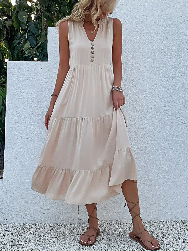 Notch Neck Buttoned Sleeveless Tiered Midi Dress sold by Allegra K