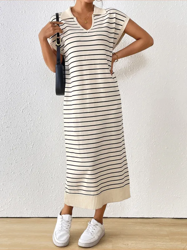 Striped V Neck Short Sleeves Loose Fit Casual Dress sold by Allegra K
