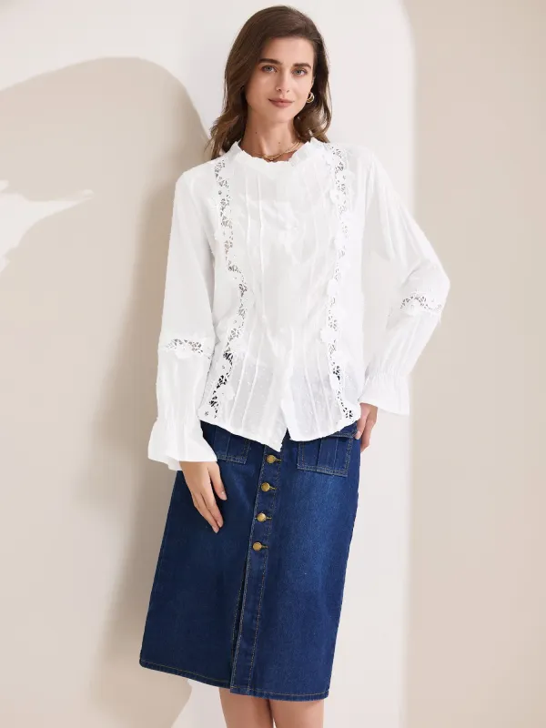 Swiss Dots Ruffle Neck Long Sleeve Lace Blouse sold by Allegra K