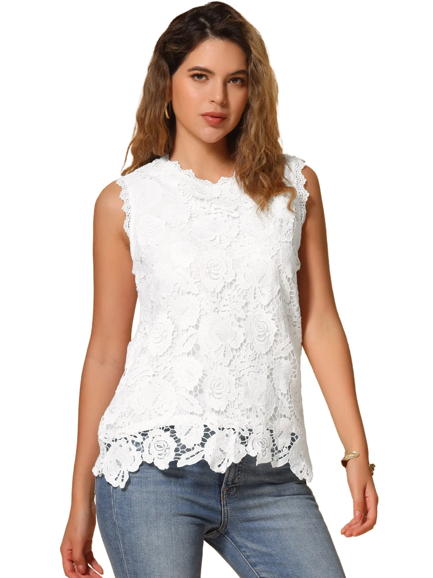 Lace Casual Sleeveless Round Neck Tank Tops sold by Allegra K product image thumbnail 4