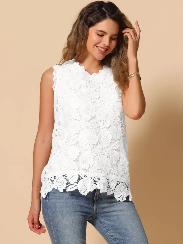 Lace Casual Sleeveless Round Neck Tank Tops sold by Allegra K