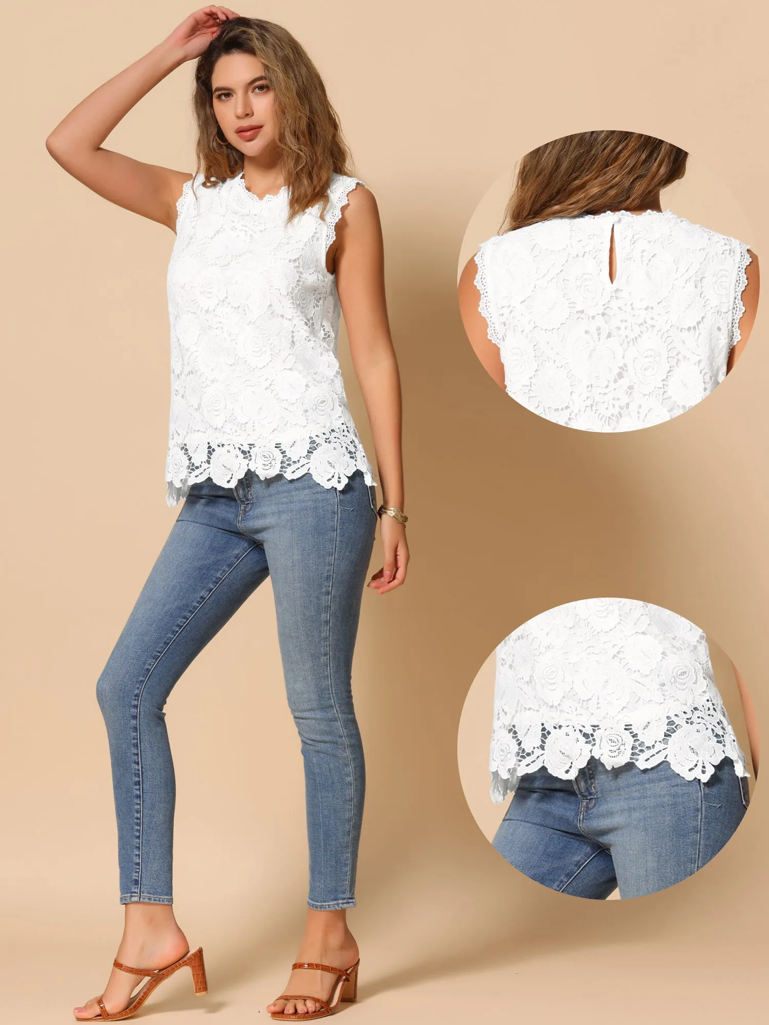 Lace Casual Sleeveless Round Neck Tank Tops sold by Allegra K product image thumbnail 3