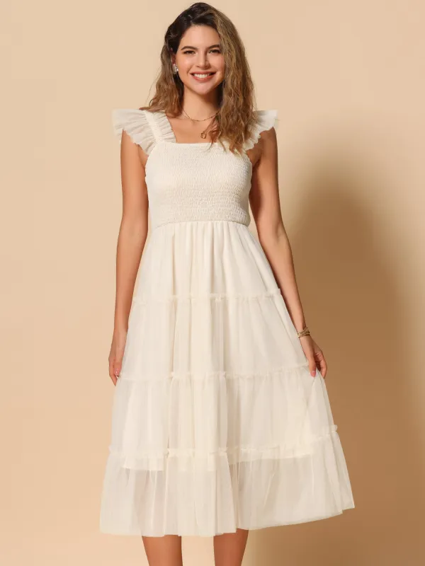 Smocked Tiered Ruffled Cap Sleeves Midi A-Line Dress sold by Allegra K