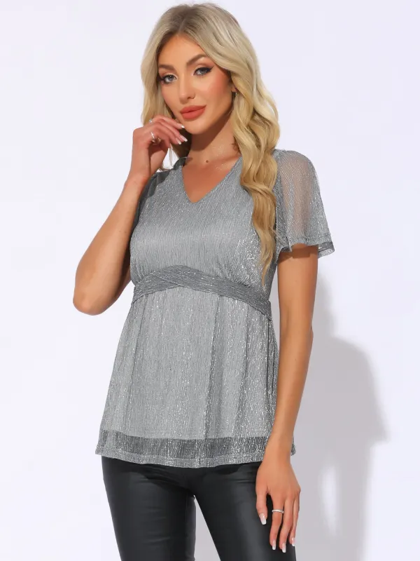 Sparkly Short Sleeves V Neck Glitter Casual Blouse sold by Allegra K