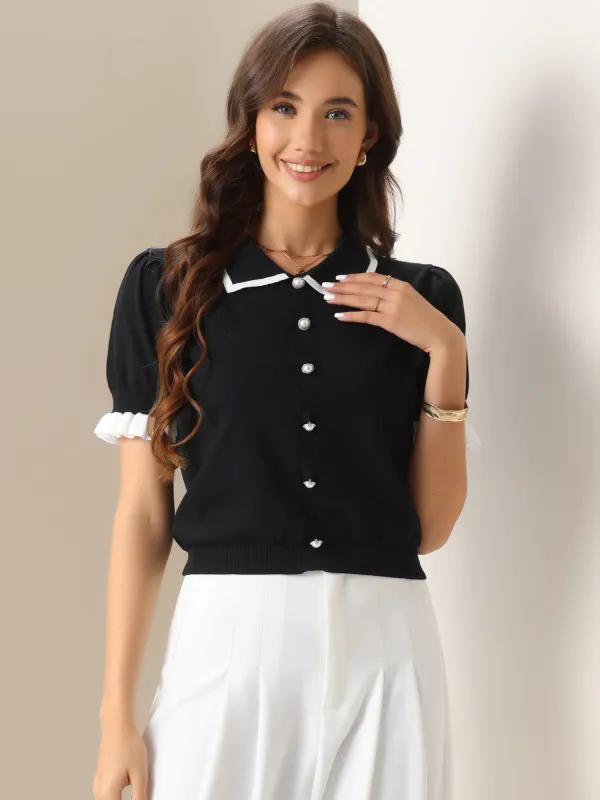 Colorblock Short Sleeve Button Down Knit Top sold by Allegra K