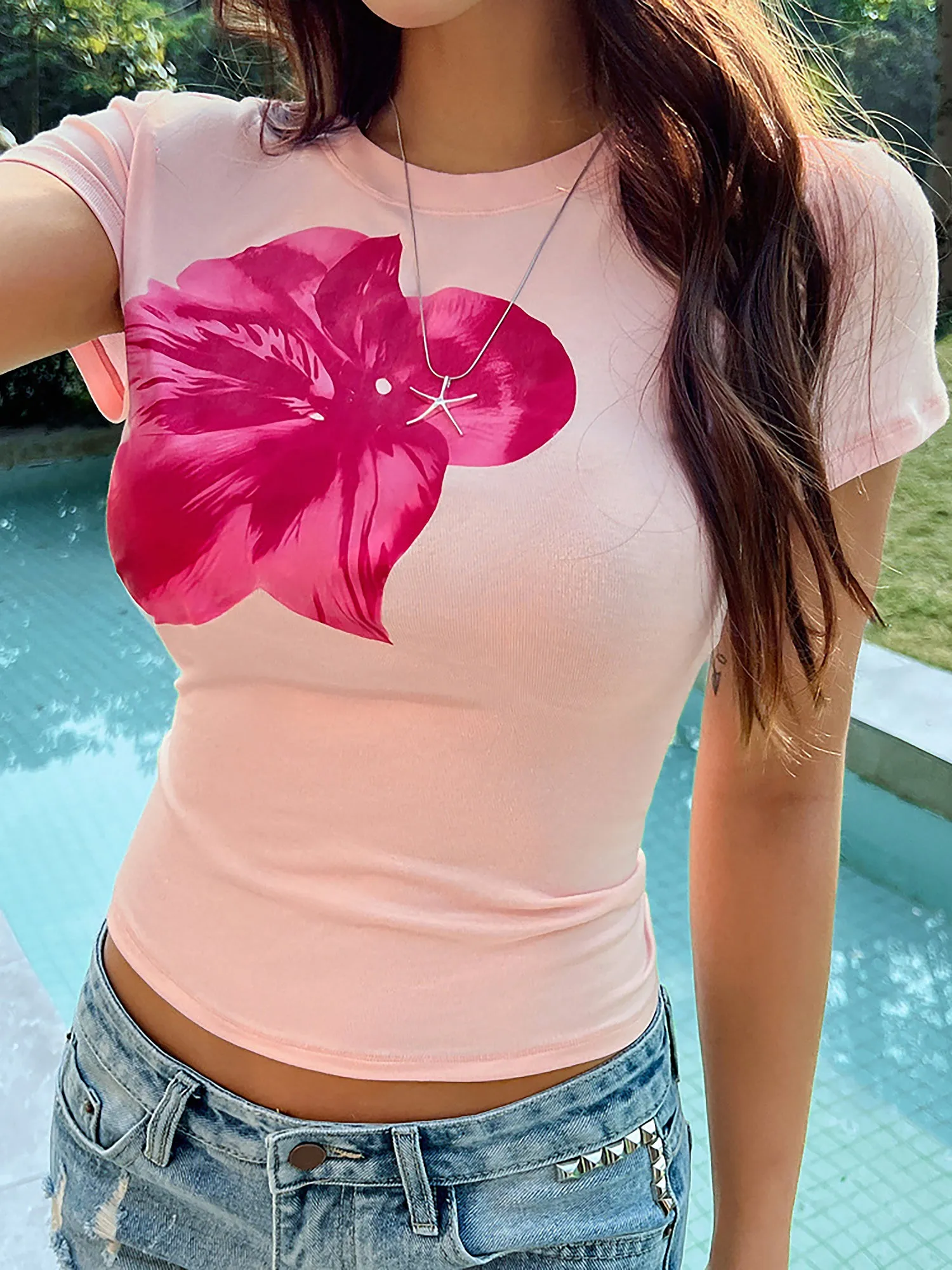 Short Sleeve Flower Printed Cropped T-Shirt sold by Allegra K product image thumbnail 3