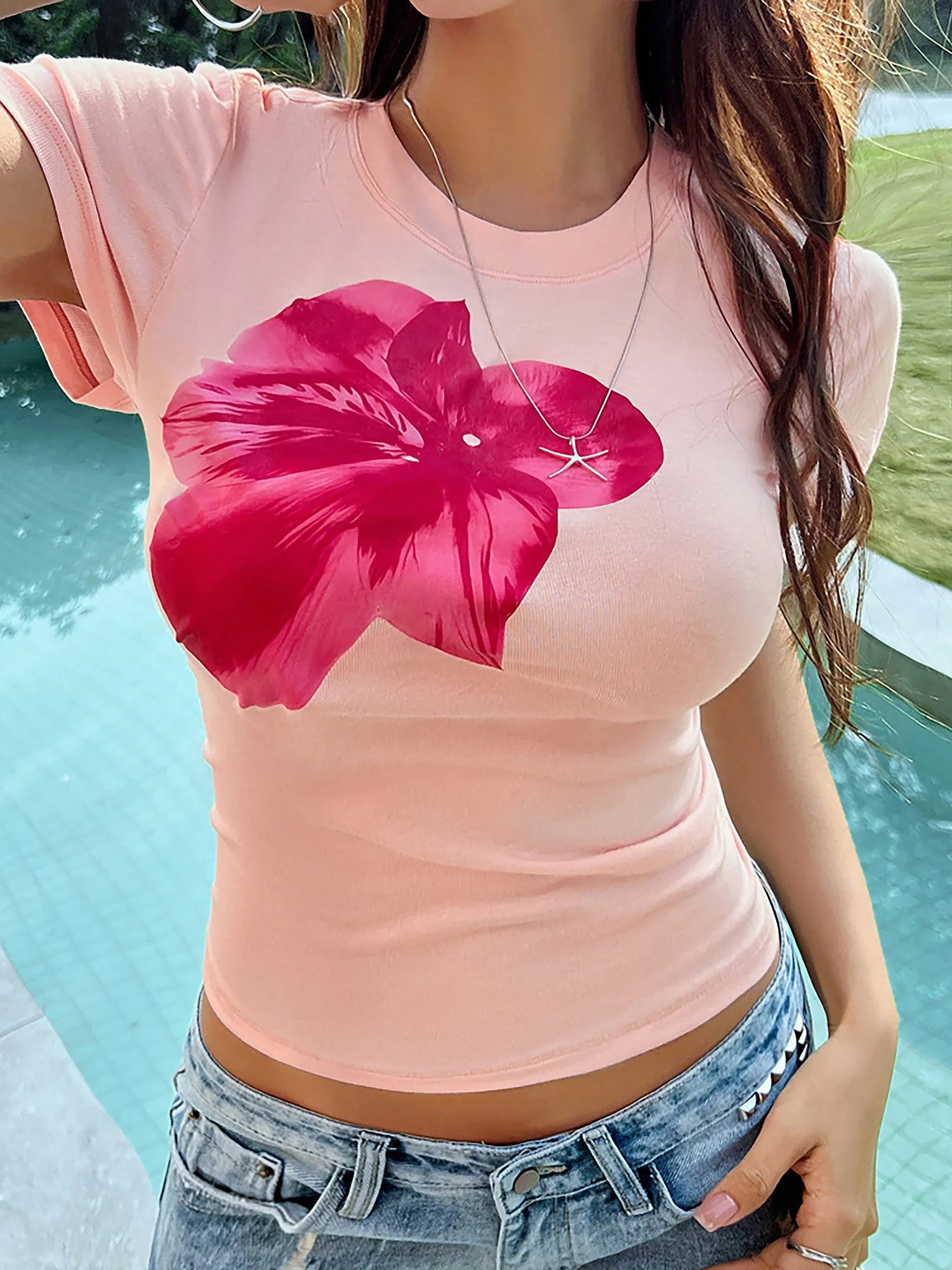 Short Sleeve Flower Printed Cropped T-Shirt sold by Allegra K product image thumbnail 5