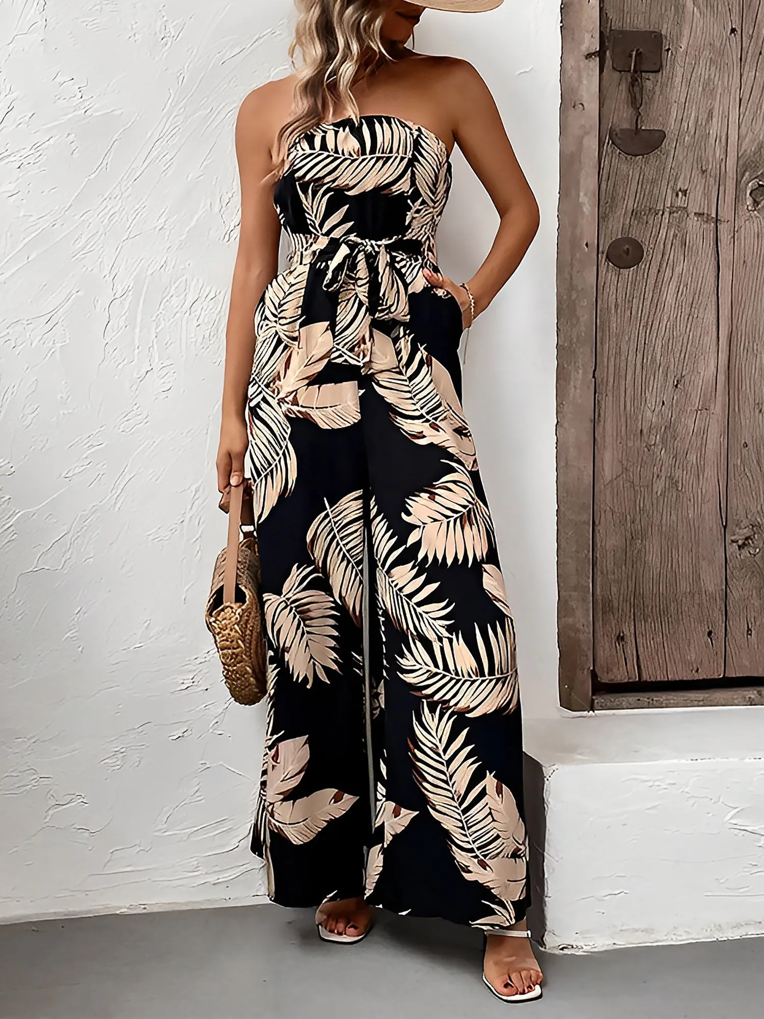 Tropical Plant Strapless Pocketed Wide Leg Jumpsuits sold by Allegra K product image thumbnail 5