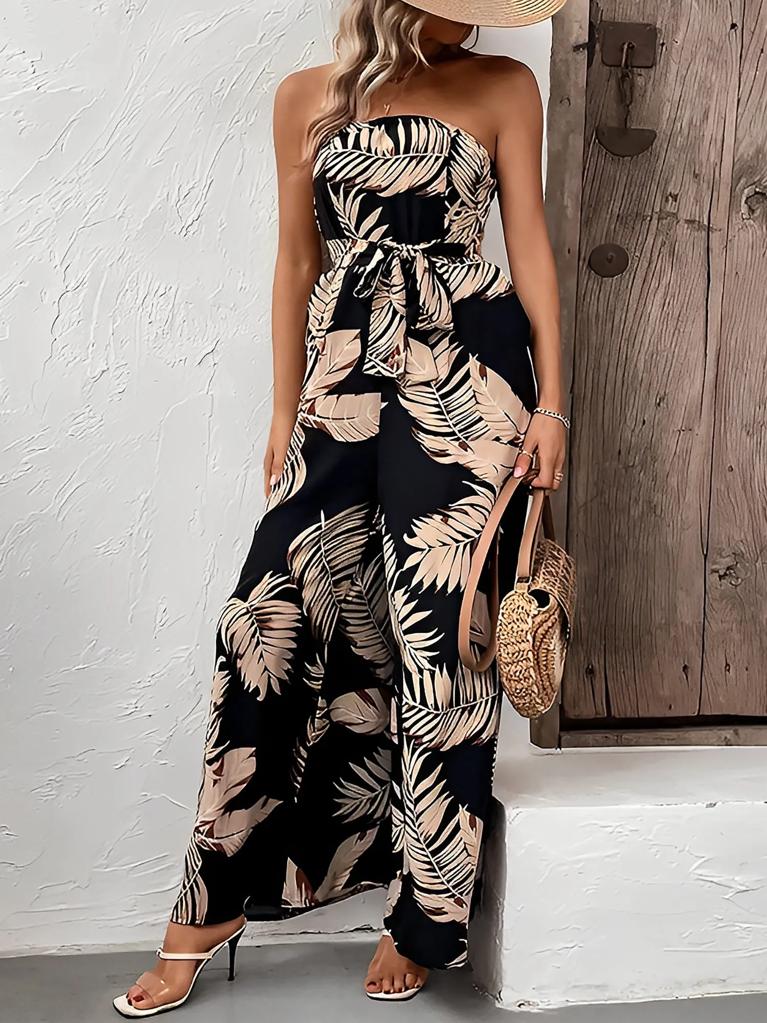 Tropical Plant Strapless Pocketed Wide Leg Jumpsuits sold by Allegra K product image thumbnail 3