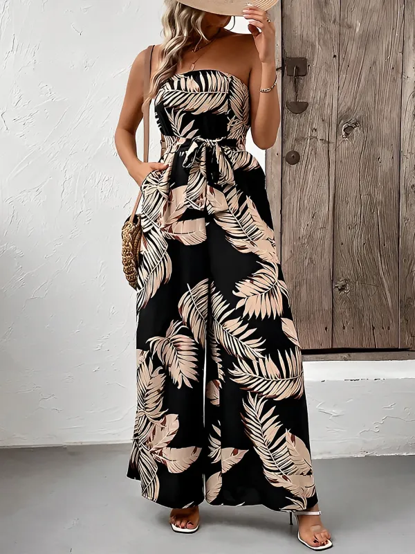 Tropical Plant Strapless Pocketed Wide Leg Jumpsuits sold by Allegra K