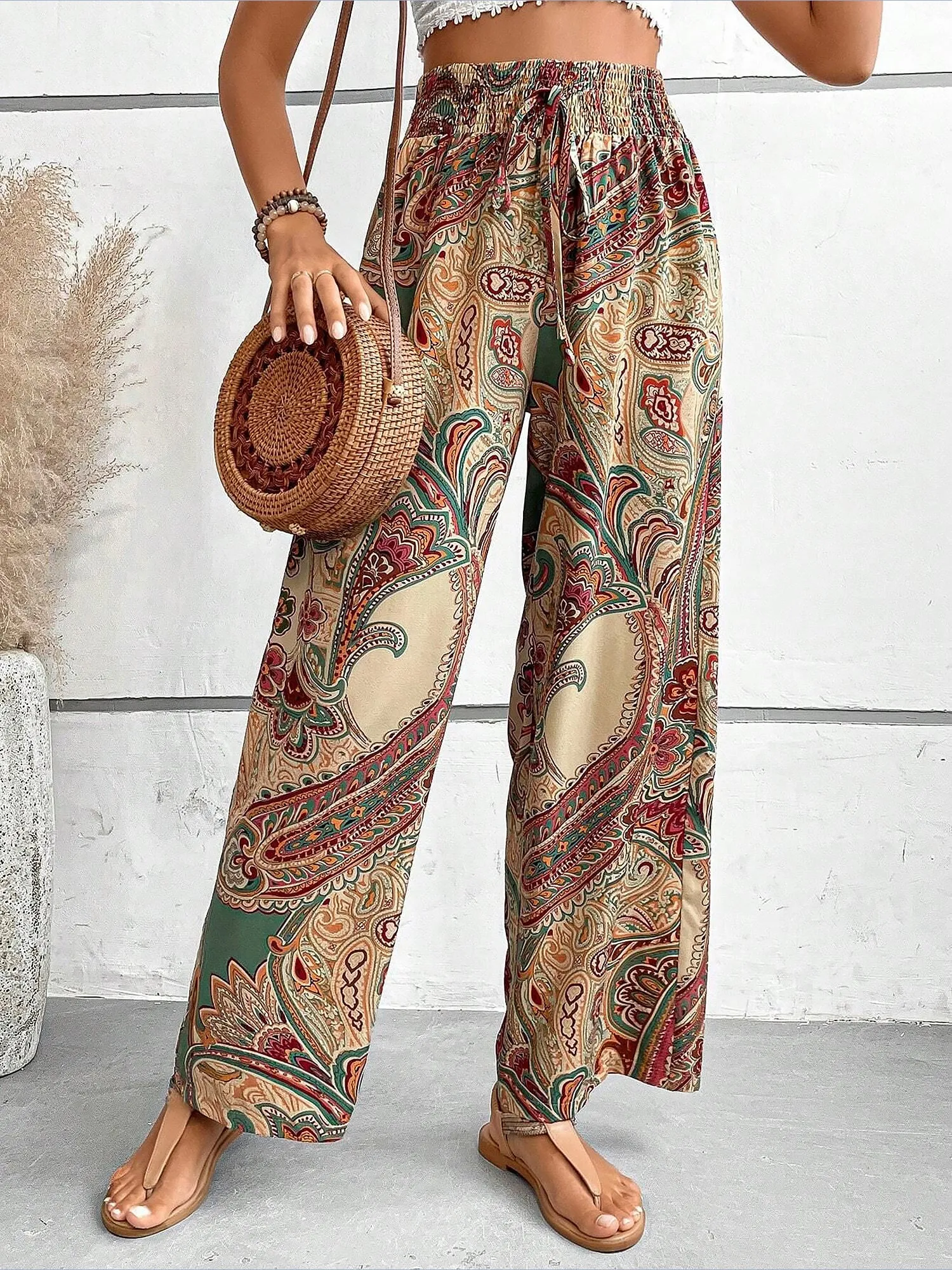 Paisley Floral Boho Elastic Waist Wide Leg Pants sold by Allegra K product image thumbnail 2