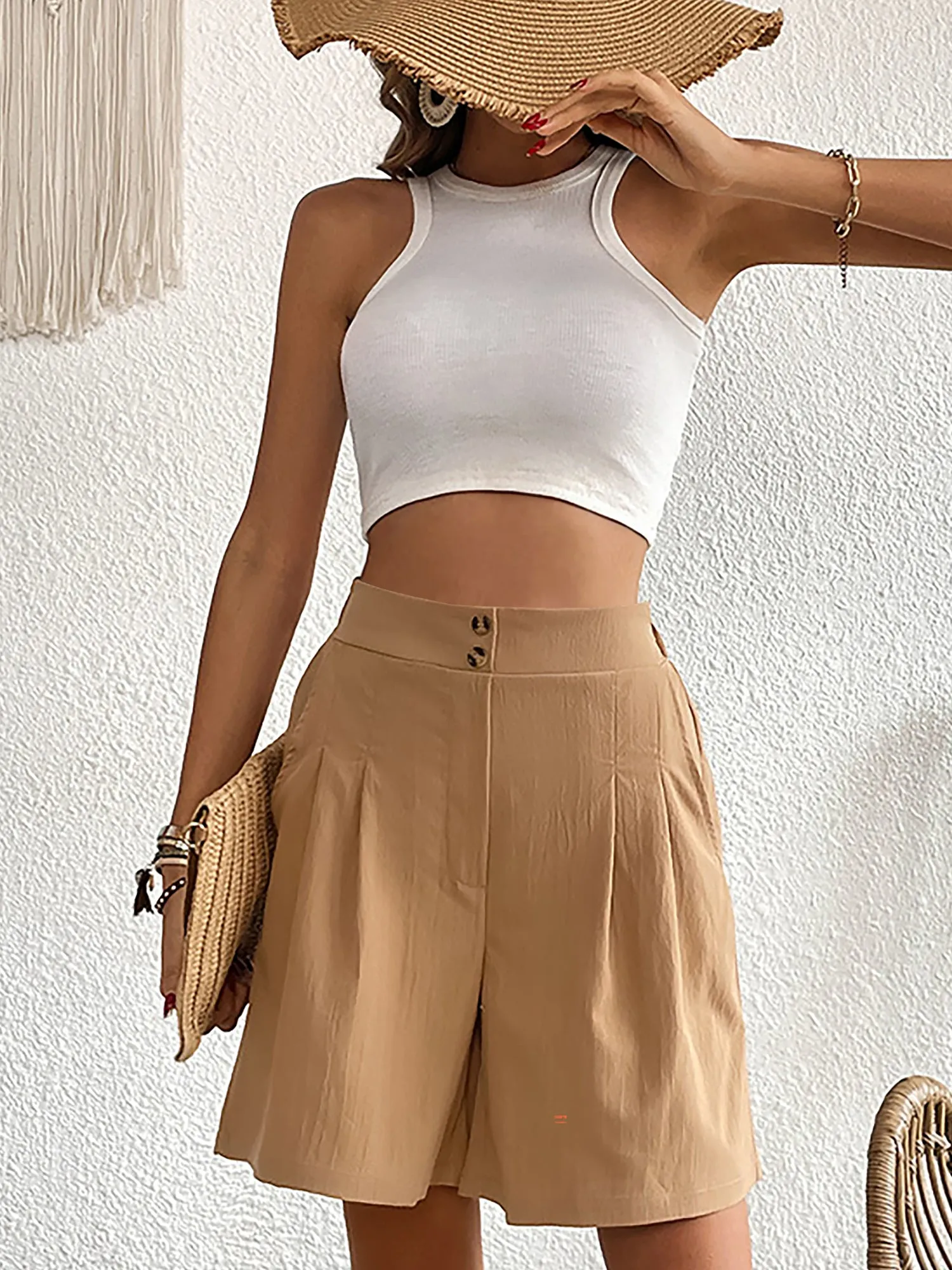 Solid Color High Waist Pleated Pocketed Shorts sold by Allegra K
