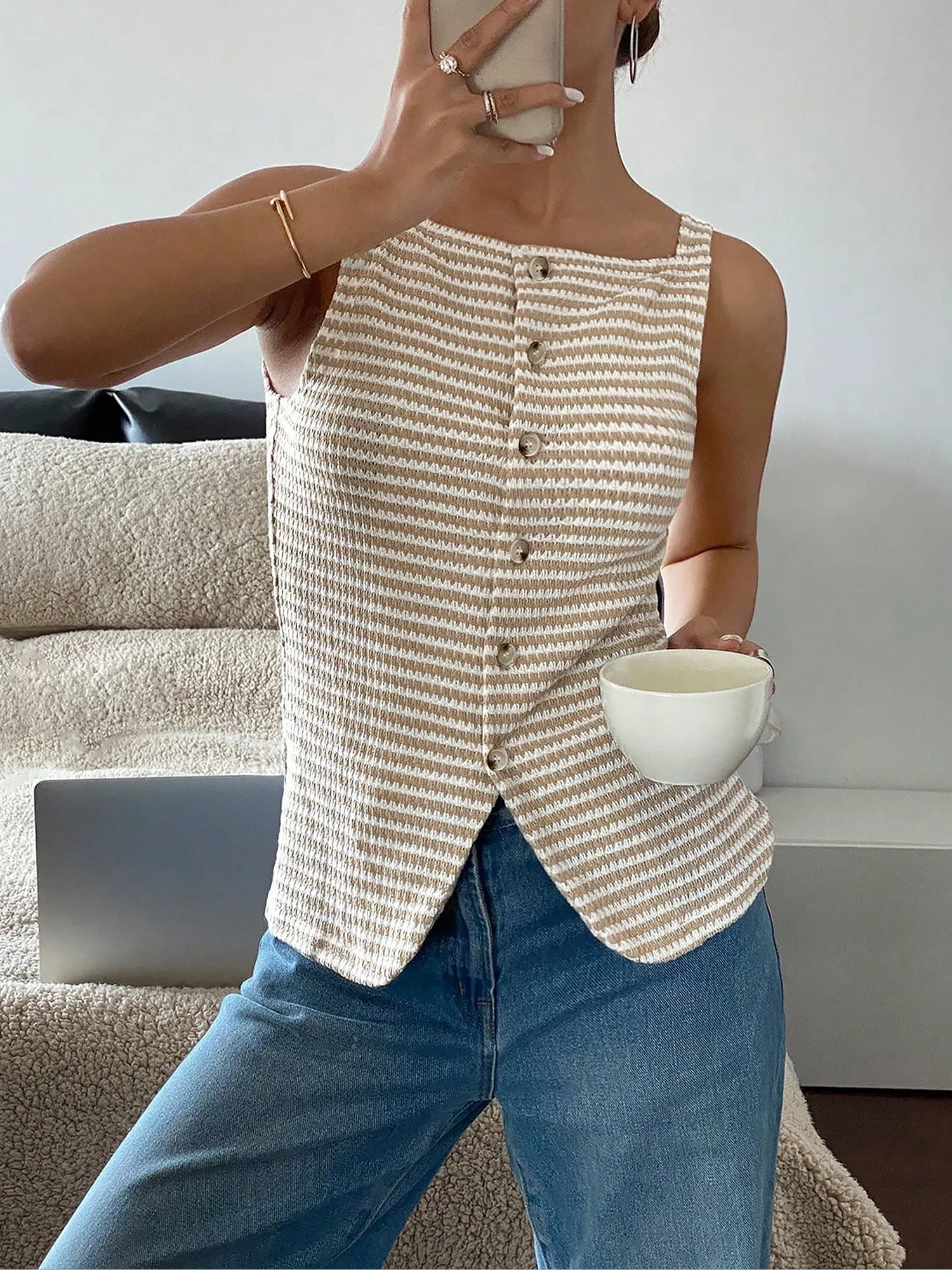 Classic Relaxed Fit Breton Stripe Button Down Sleeveless Striped Knit Daily & Office Top sold by Allegra K product image thumbnail 4
