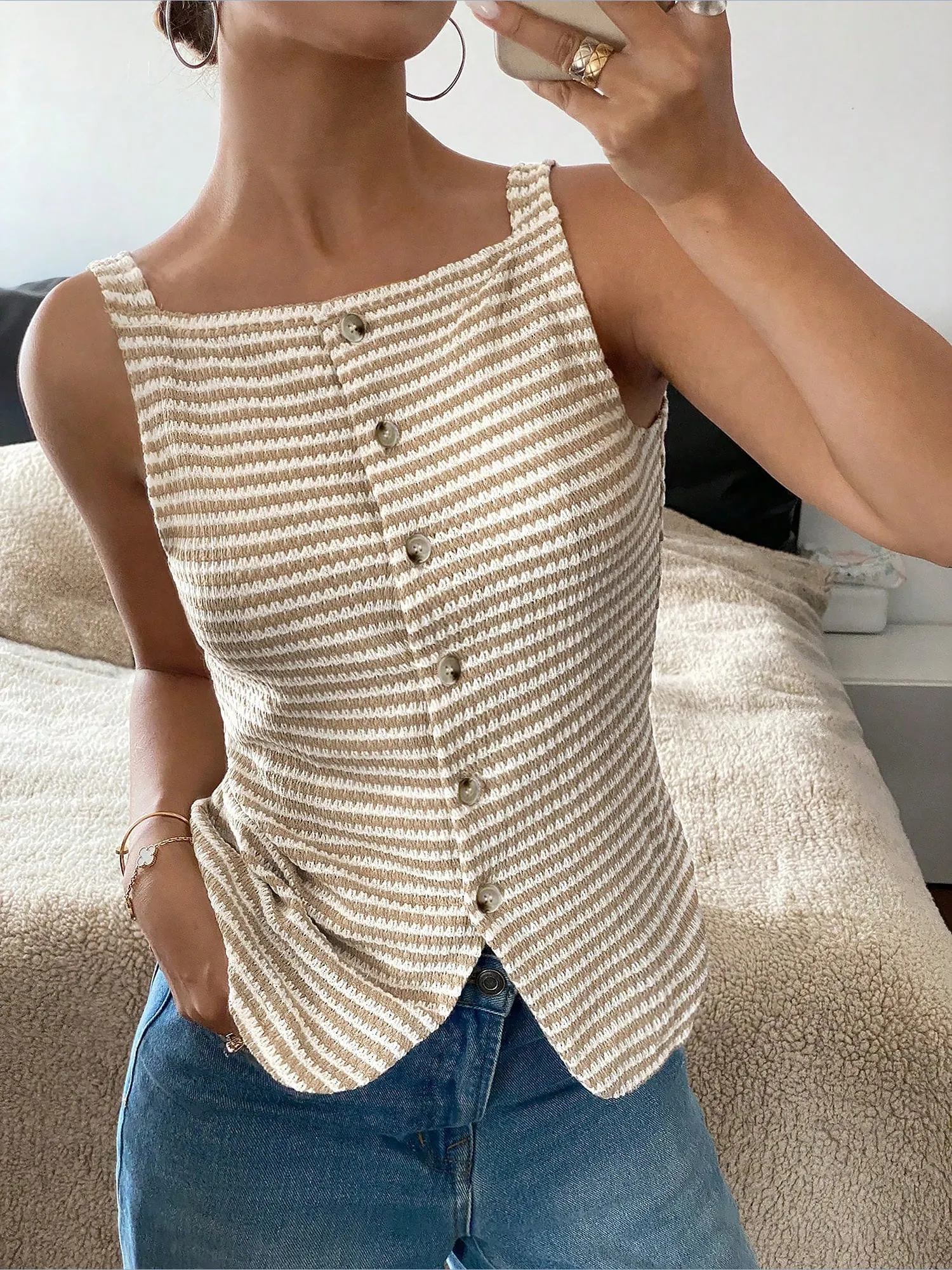 Classic Relaxed Fit Breton Stripe Button Down Sleeveless Striped Knit Daily & Office Top sold by Allegra K product image thumbnail 2