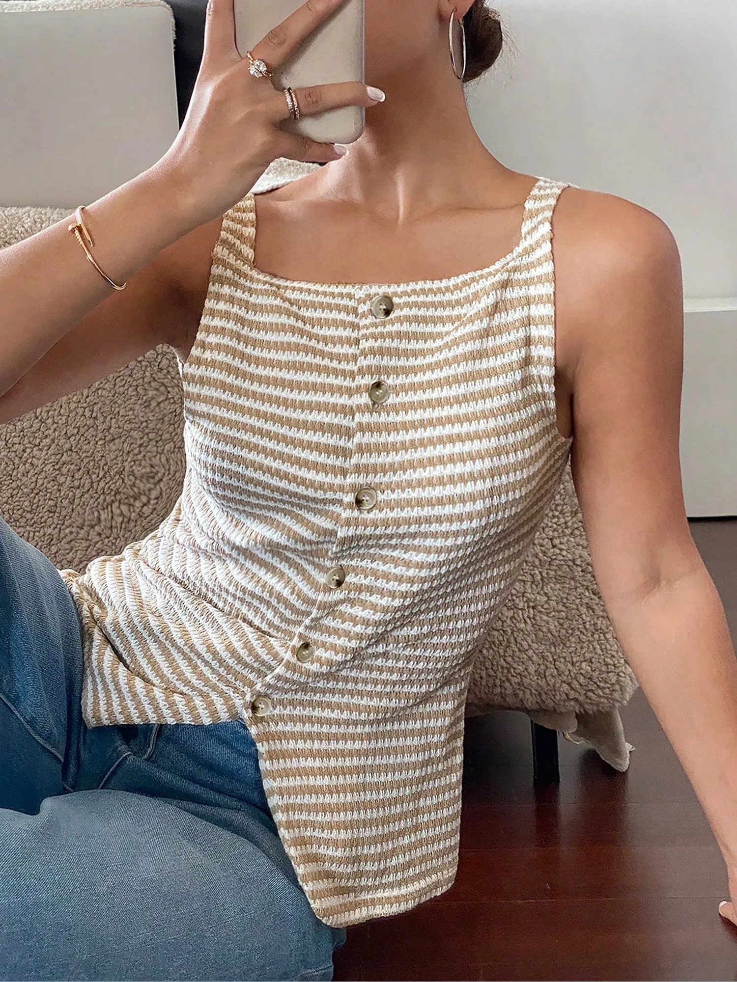 Classic Relaxed Fit Breton Stripe Button Down Sleeveless Striped Knit Daily & Office Top sold by Allegra K product image thumbnail 3