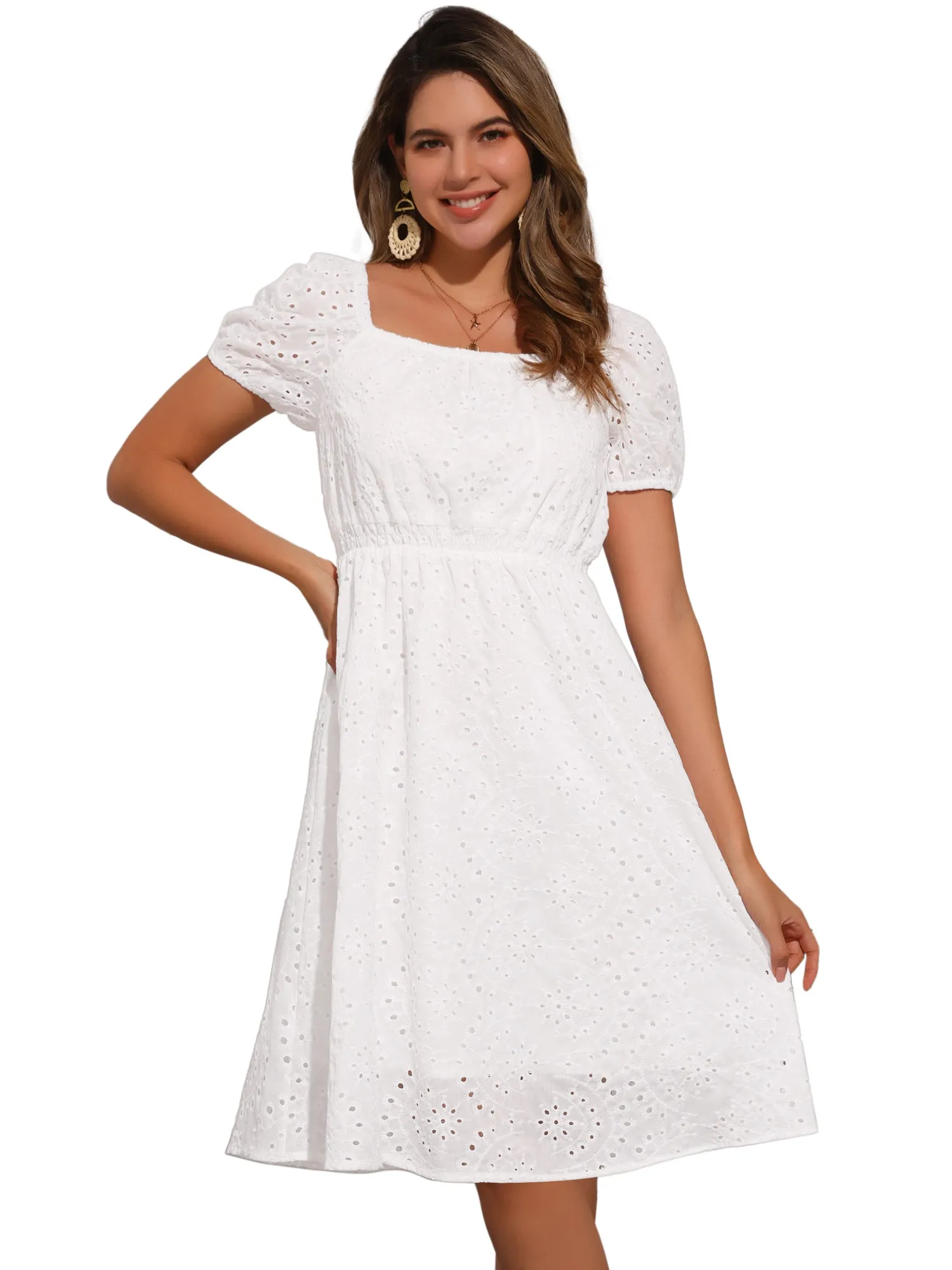 Eyelet Square Neck Puff Sleeve A-Line Midi Dress sold by Allegra K product image thumbnail 5