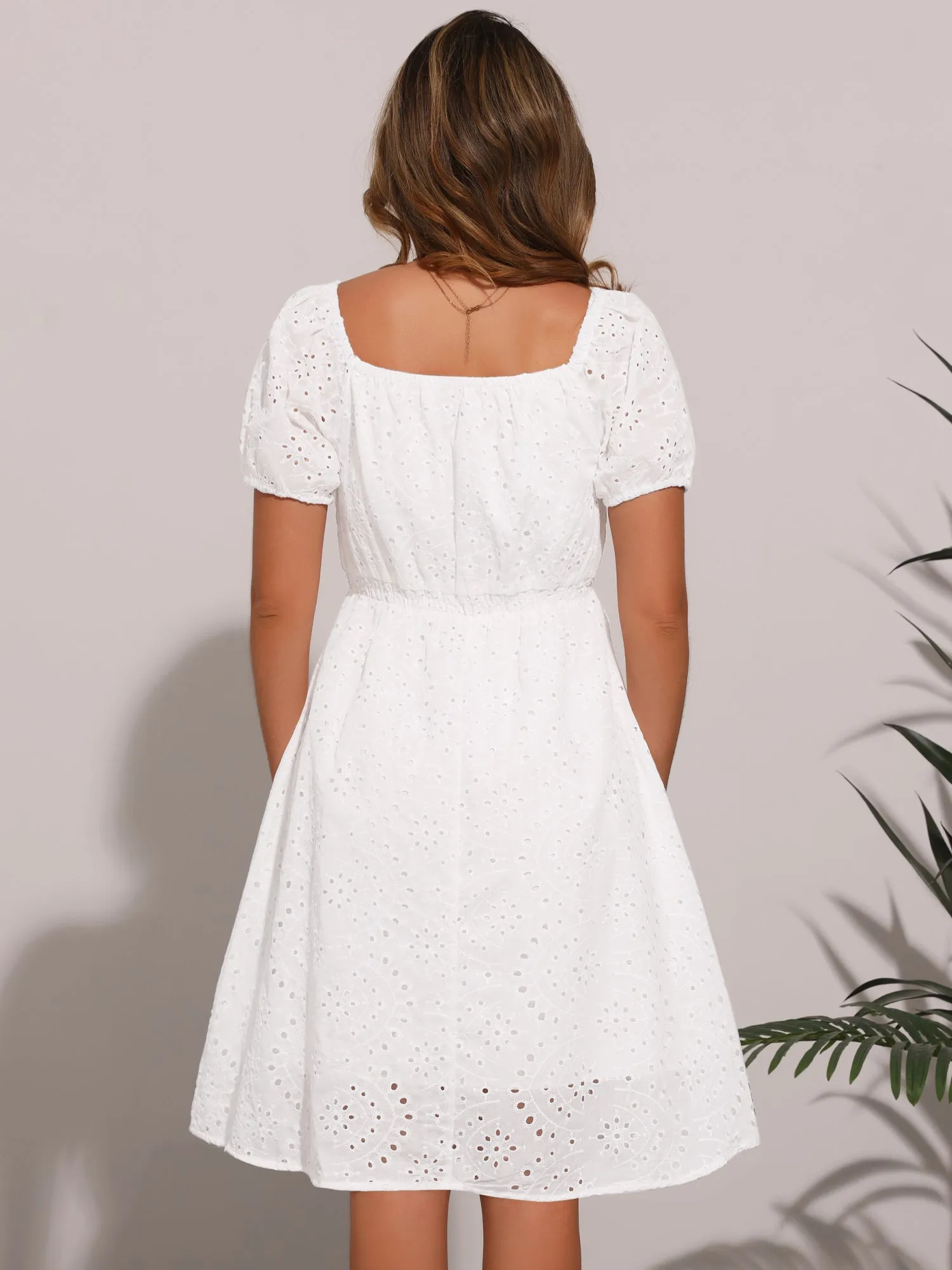 Eyelet Square Neck Puff Sleeve A-Line Midi Dress sold by Allegra K product image thumbnail 2