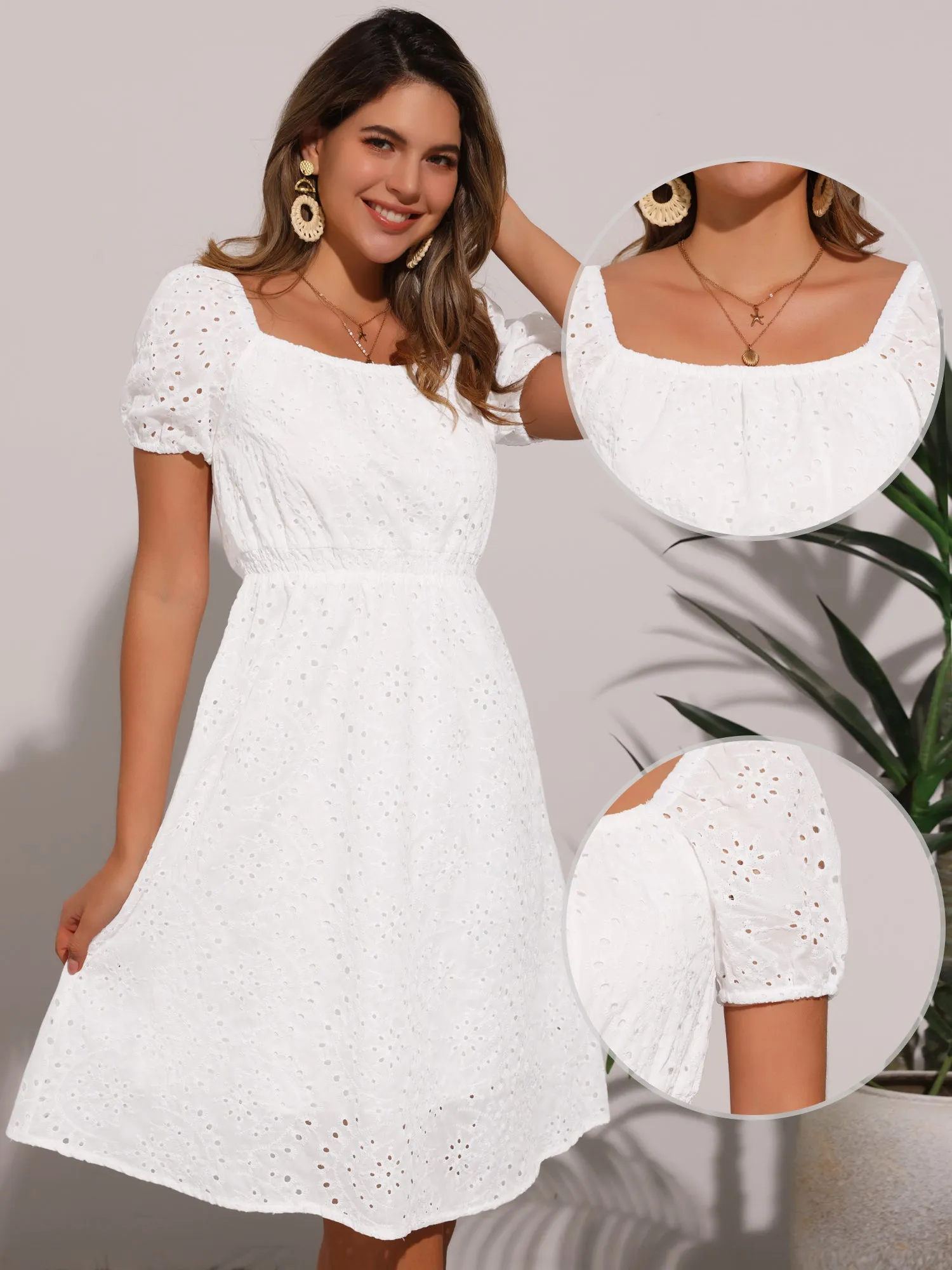 Eyelet Square Neck Puff Sleeve A-Line Midi Dress sold by Allegra K