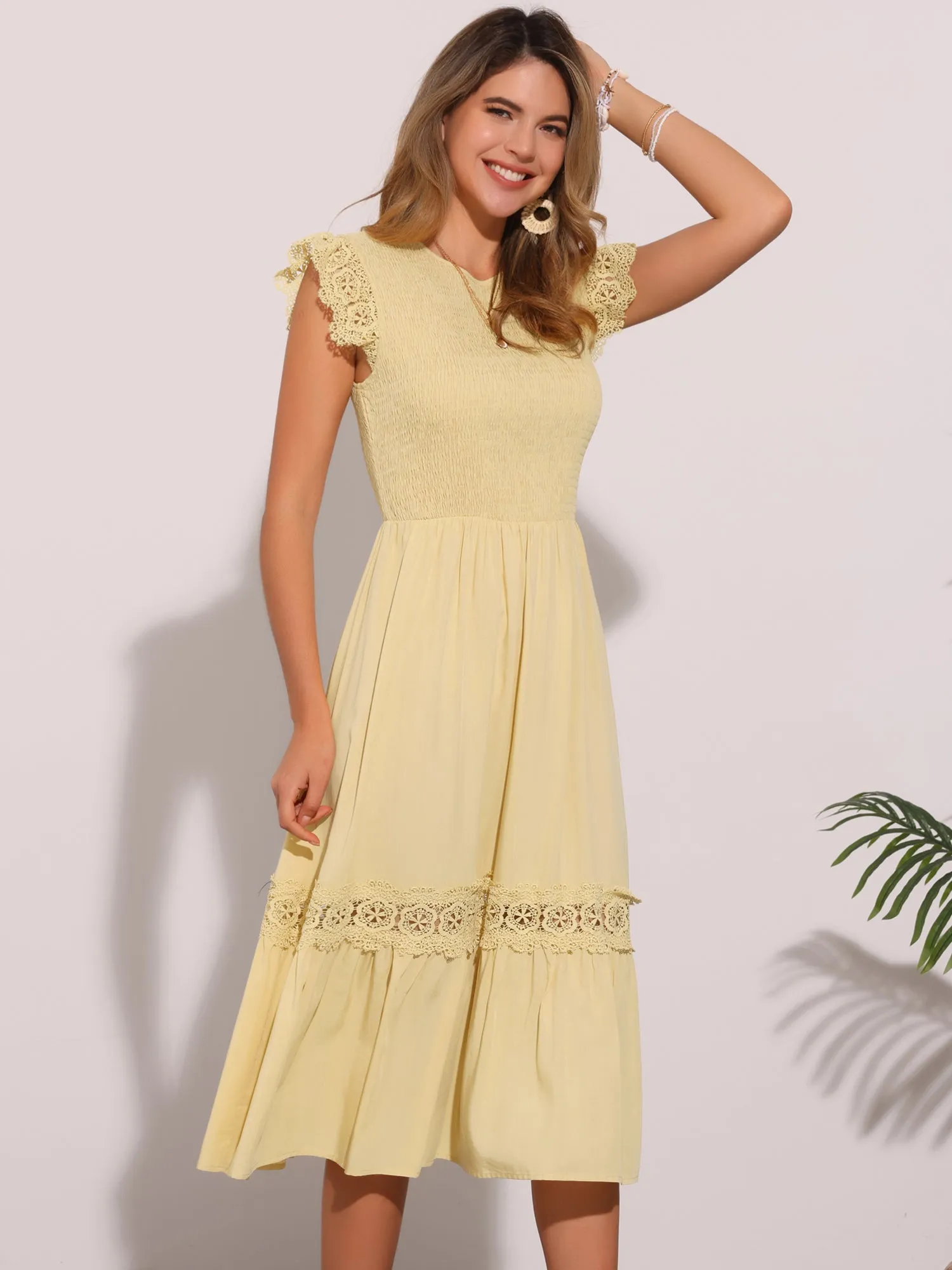 Cap Sleeve Lace Trim Smocked Ruffle Flowy Beach Dress sold by Allegra K