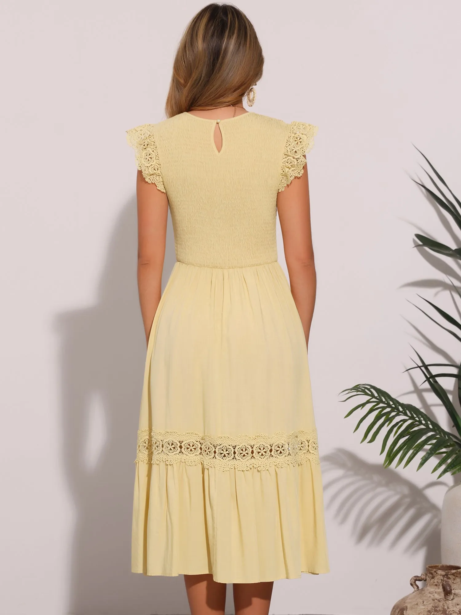 Cap Sleeve Lace Trim Smocked Ruffle Flowy Beach Dress sold by Allegra K product image thumbnail 3