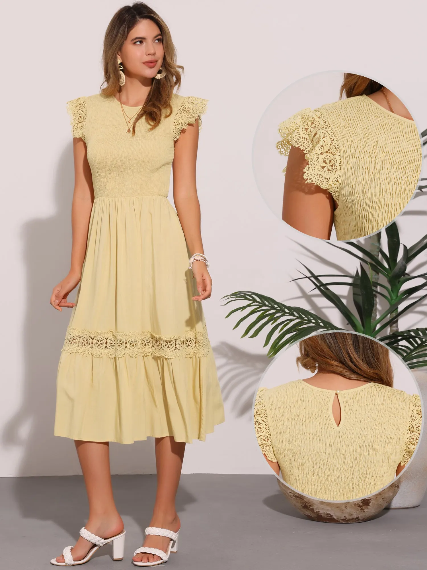 Cap Sleeve Lace Trim Smocked Ruffle Flowy Beach Dress sold by Allegra K product image thumbnail 2