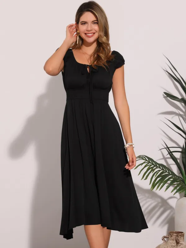 Short Sleeve Lace-Up Smocked Flowy Casual Midi Dress sold by Allegra K