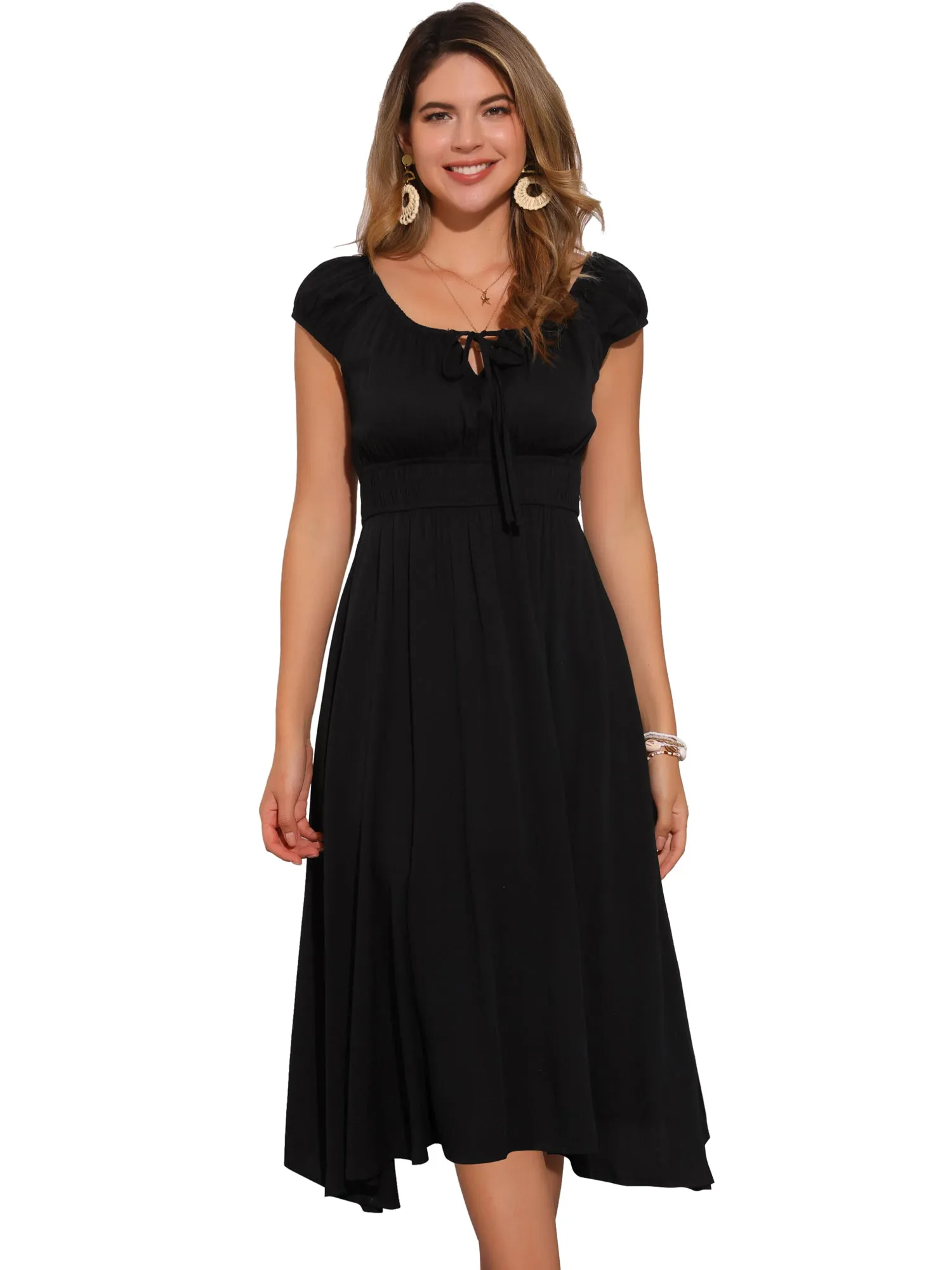 Short Sleeve Lace-Up Smocked Flowy Casual Midi Dress sold by Allegra K product image thumbnail 4