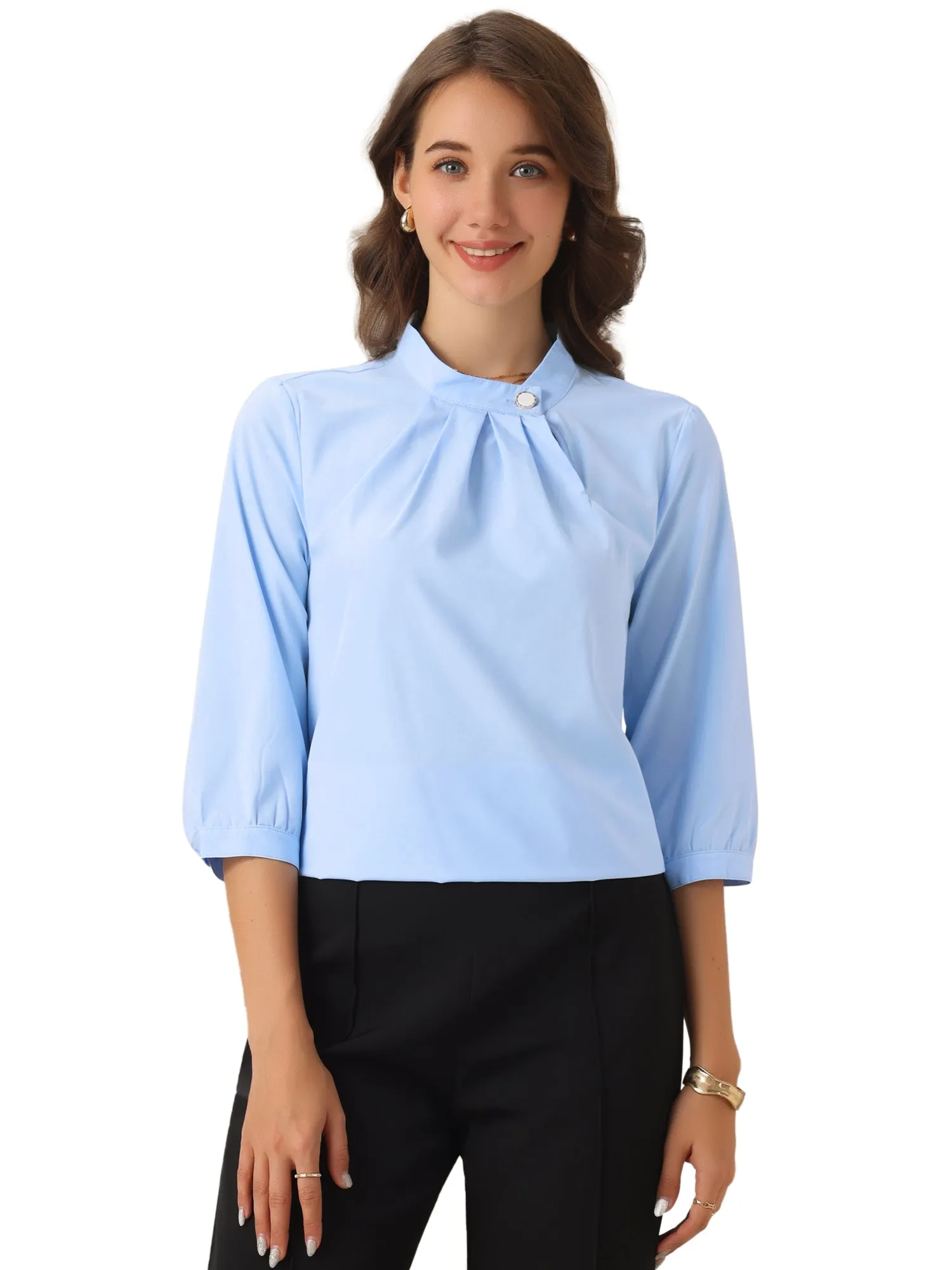 Mock Neck Ruched Front 3/4 Sleeves Blouses sold by Allegra K product image thumbnail 5