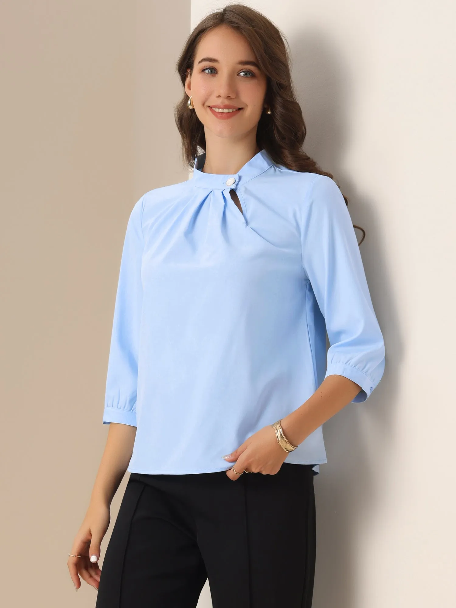 Mock Neck Ruched Front 3/4 Sleeves Blouses sold by Allegra K