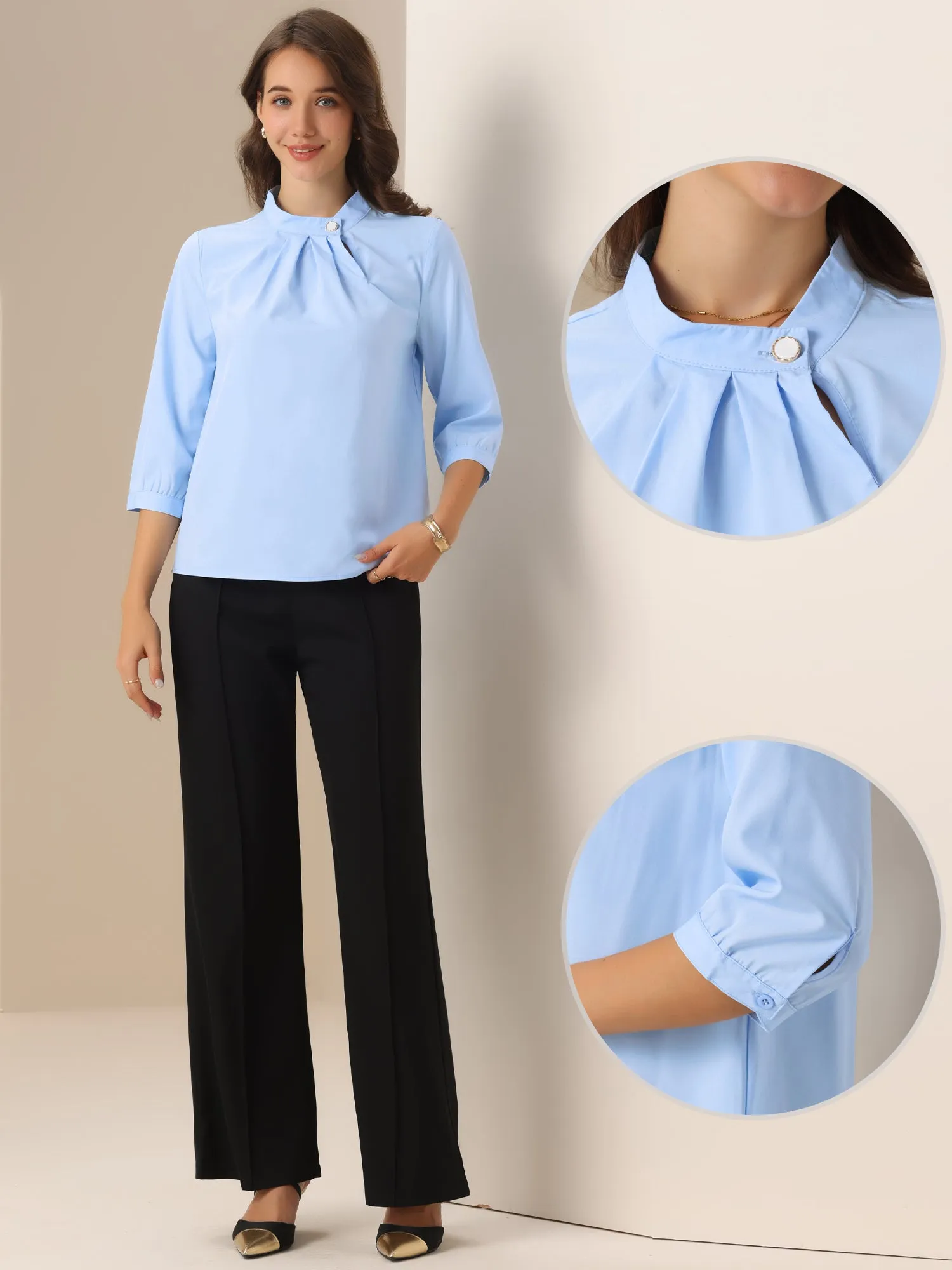 Mock Neck Ruched Front 3/4 Sleeves Blouses sold by Allegra K product image thumbnail 3