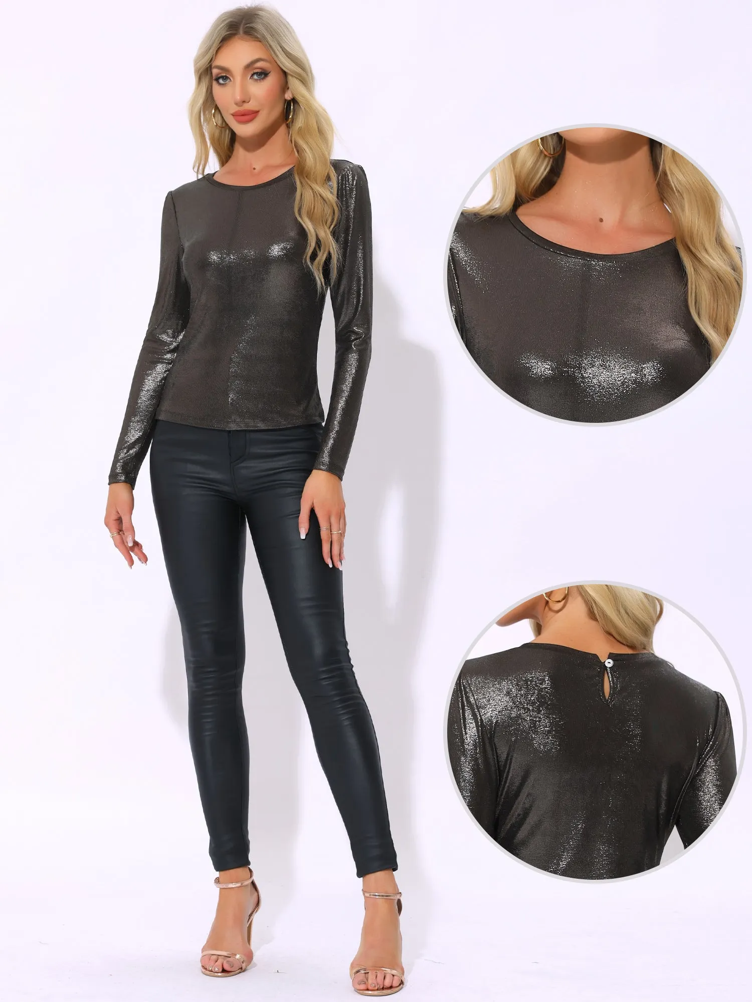 Metallic Long Sleeves Sparkly Disco Party Shiny Tops sold by Allegra K product image thumbnail 2