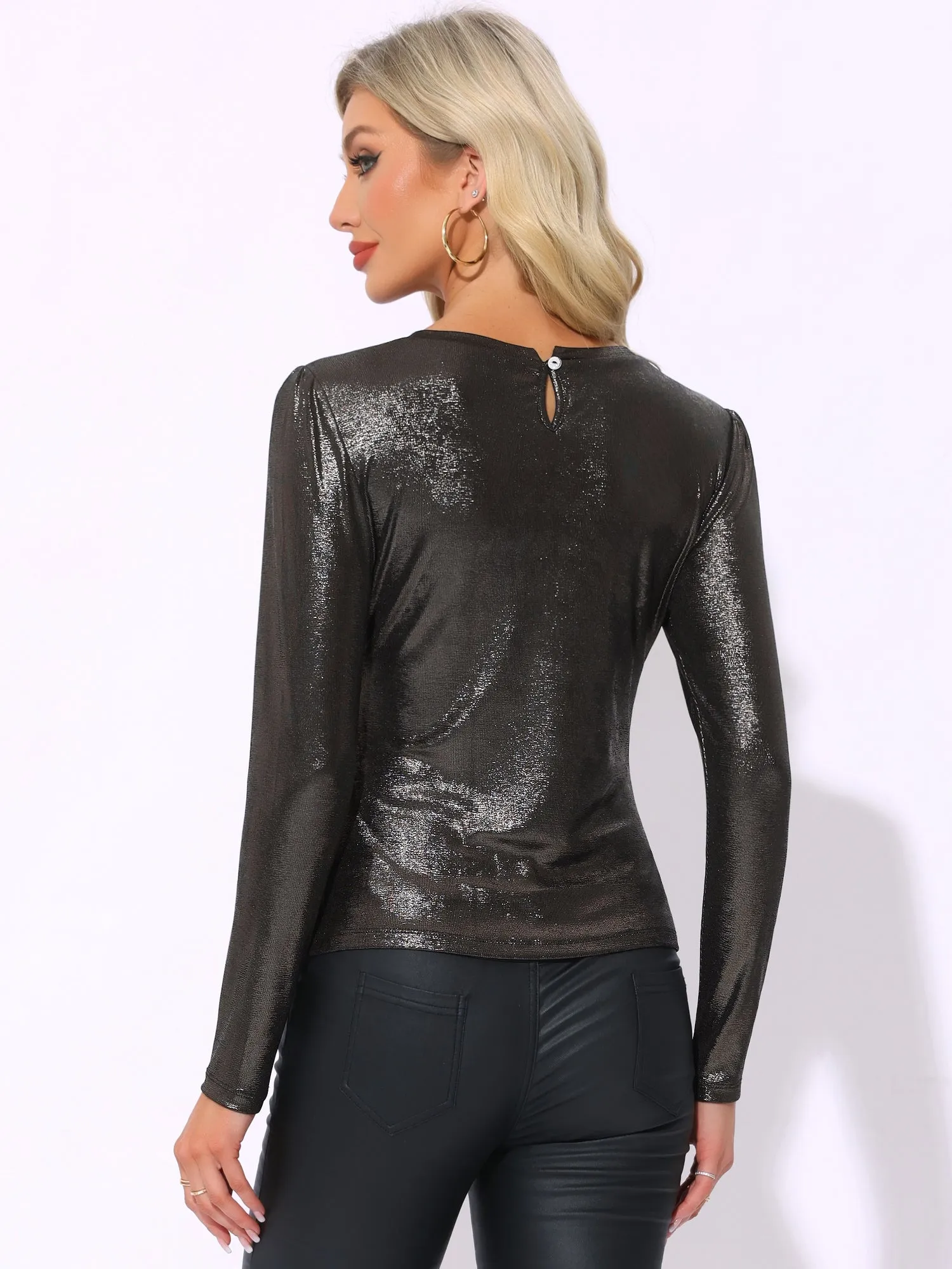 Metallic Long Sleeves Sparkly Disco Party Shiny Tops sold by Allegra K product image thumbnail 3
