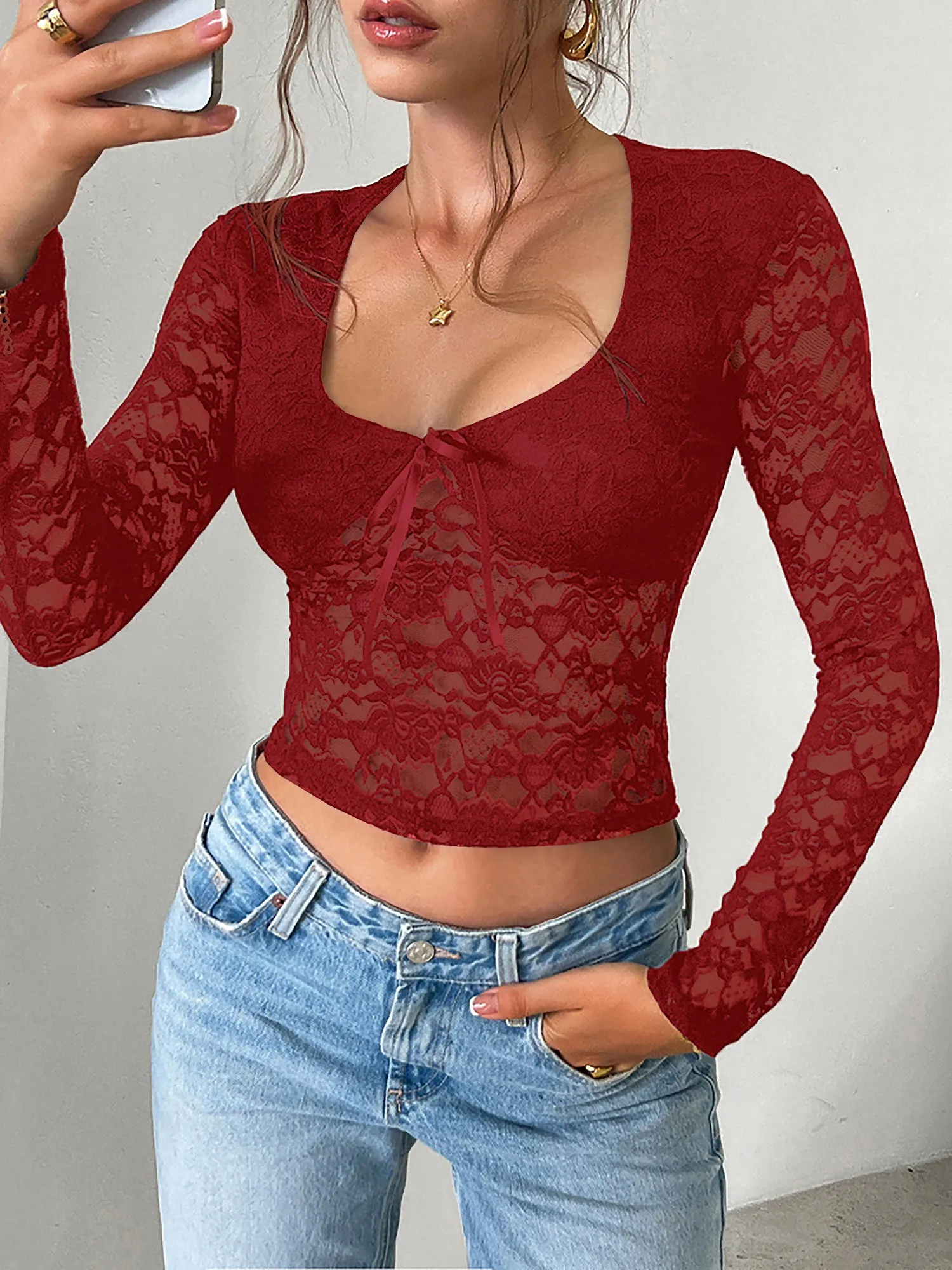 Y2k Style Lace Sheer Long Sleeve Cropped Blouse sold by Allegra K product image thumbnail 4